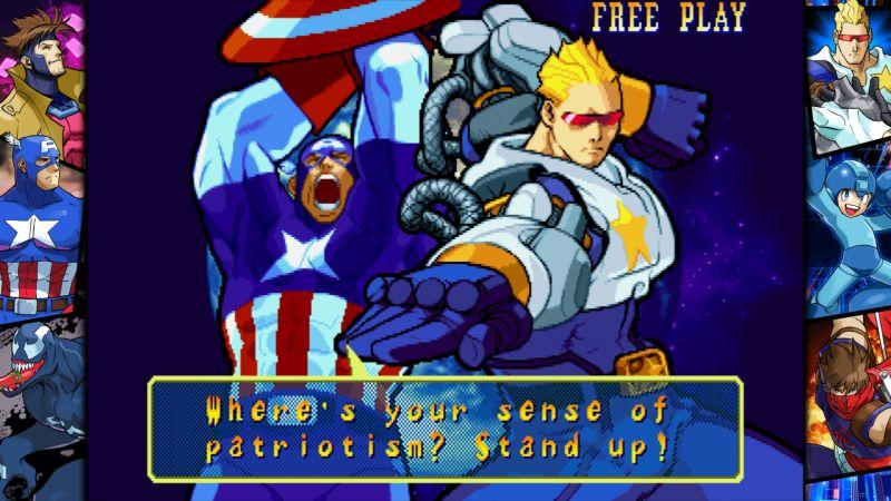 Captain America und ein Charakter mit gelbem Haar sind in einer Spieloberfläche abgebildet. Eine Textblase sagt: „Wo ist dein Sinn für Patriotismus? Steh auf!"