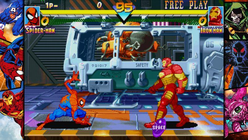 Spider-Man kämpft in einem Videospiel gegen Iron Man. Der Hintergrund zeigt Maschinen. Bunte Comic-Panels rahmen die Szene ein.