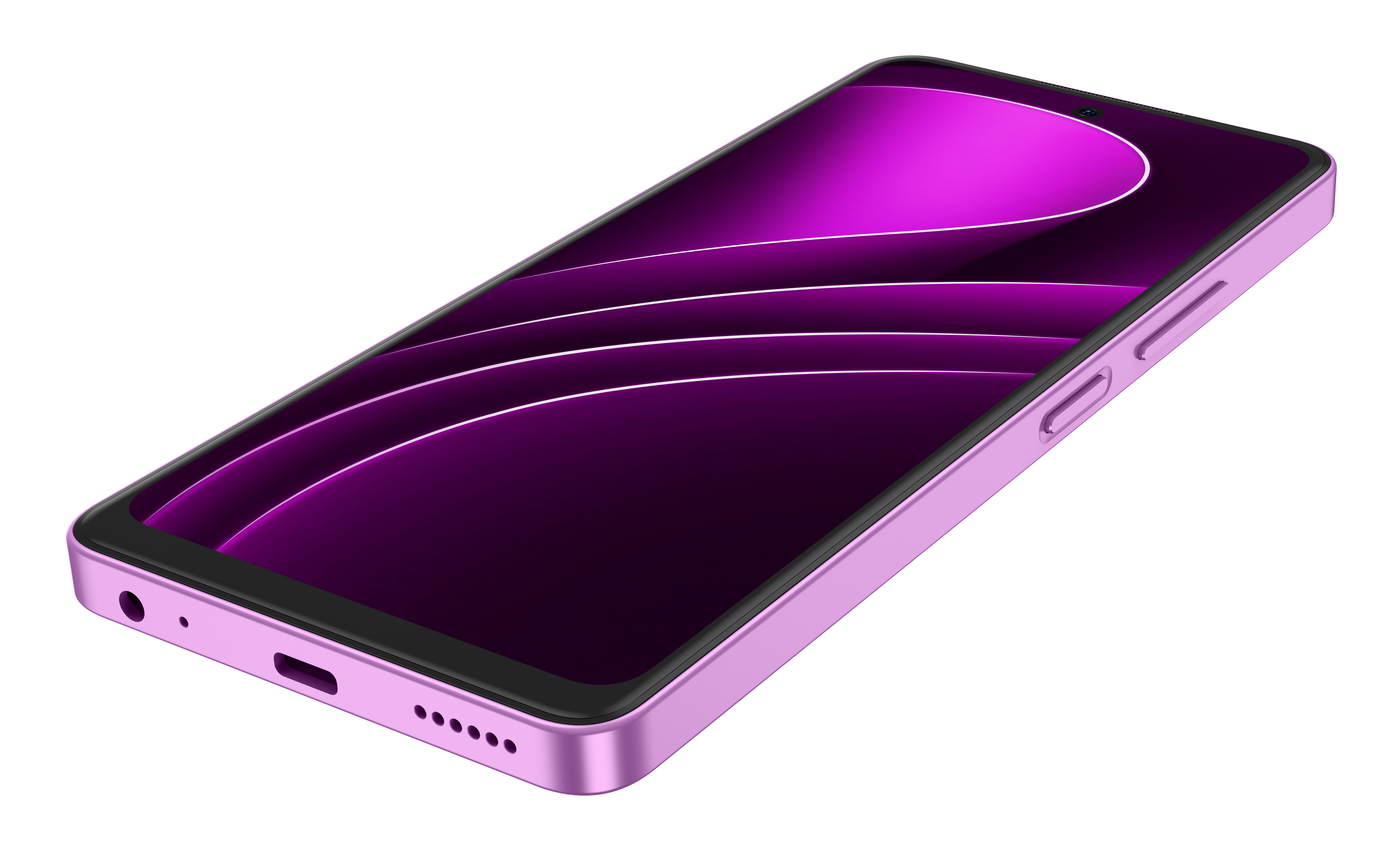 Siyah arka plan üzerinde, mor ekranlı ve lavanta çerçeveli eğik bir akıllı telefon.