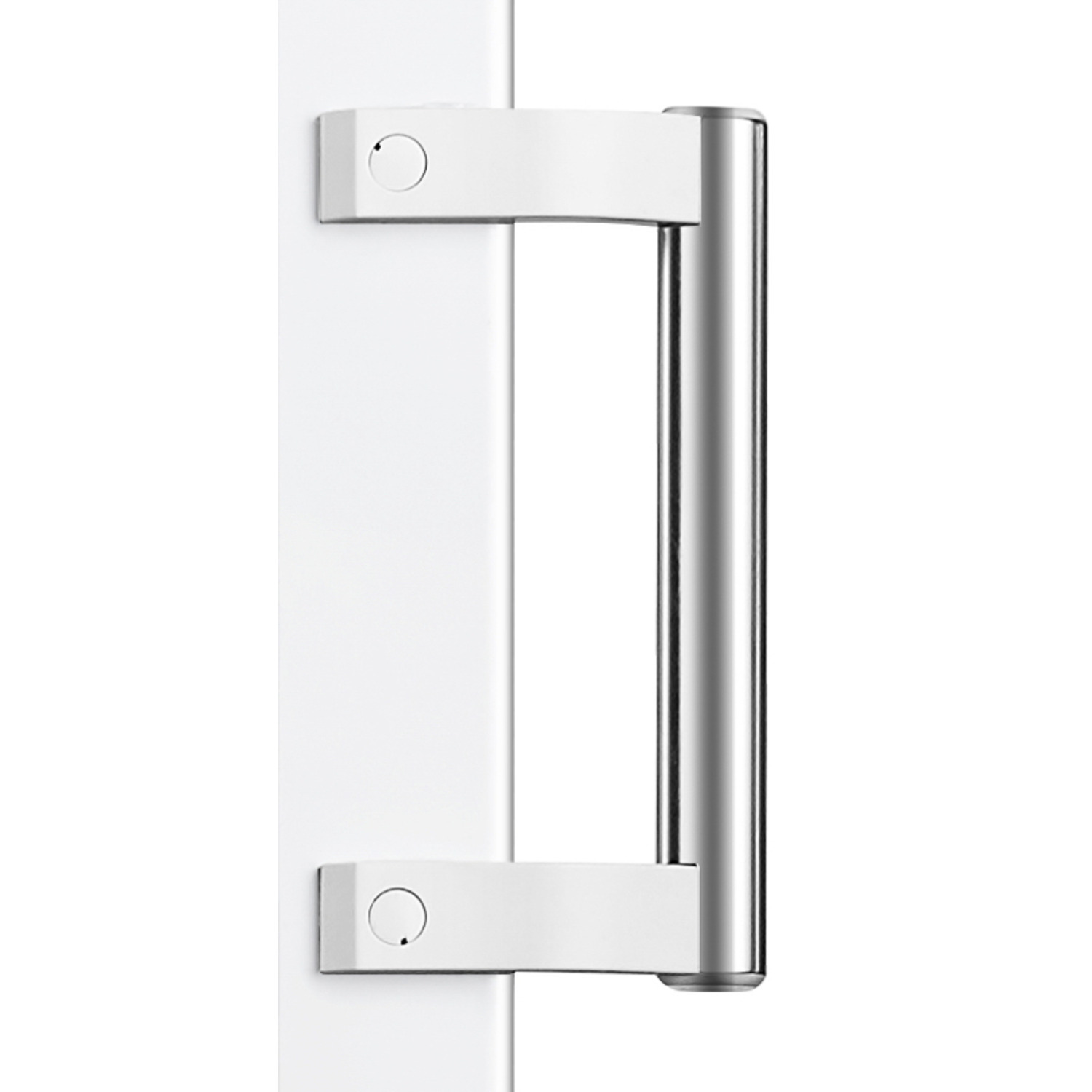 Une poignée de porte blanche avec une poignée argentée. Deux plaques carrées blanches sont fixées à la porte avec un bouton circulaire sur chacune.