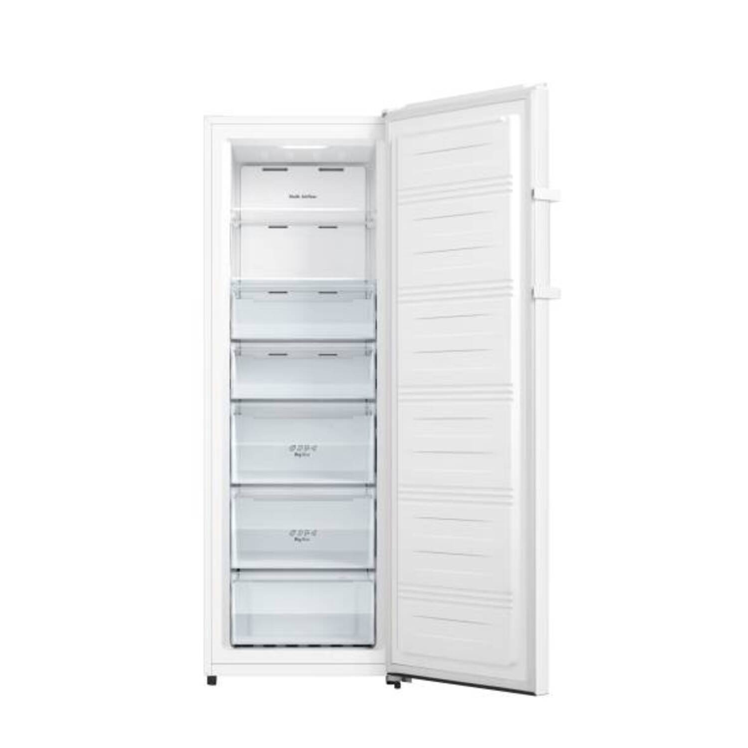 Congélateur blanc avec la porte ouverte, révélant plusieurs tiroirs. La porte est à droite. Les étagères intérieures sont visibles.