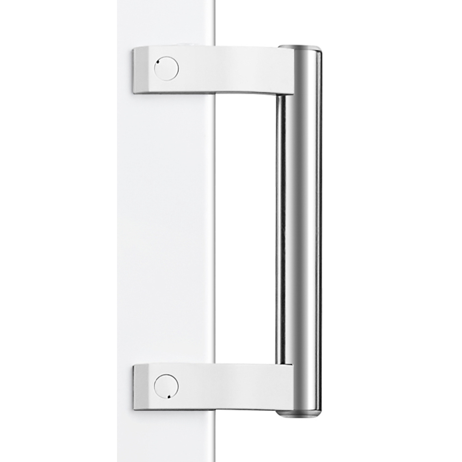 Une poignée de porte avec un support blanc sur une porte blanche et une poignée argentée.