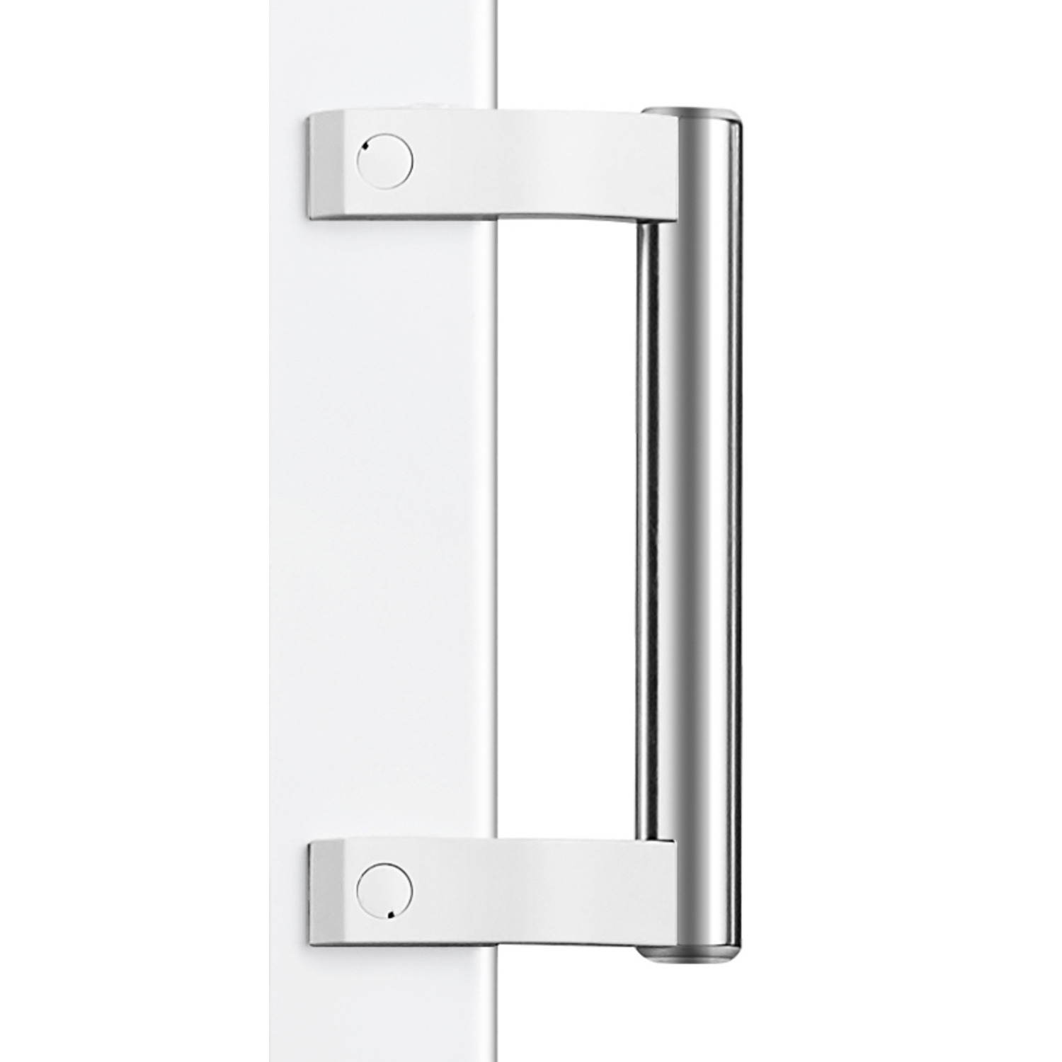 Een witte deurklink met een zilveren, cilindrische greep. Twee witte rechthoekige houders met een kleine ronde knop zijn zichtbaar.