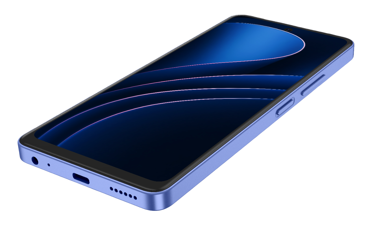 Soyut çizgiler gösteren, koyu mavi ekranlı mavi bir akıllı telefon. Telefonun açık mavi bir çerçevesi var ve siyah bir arka plan üzerinde duruyor.