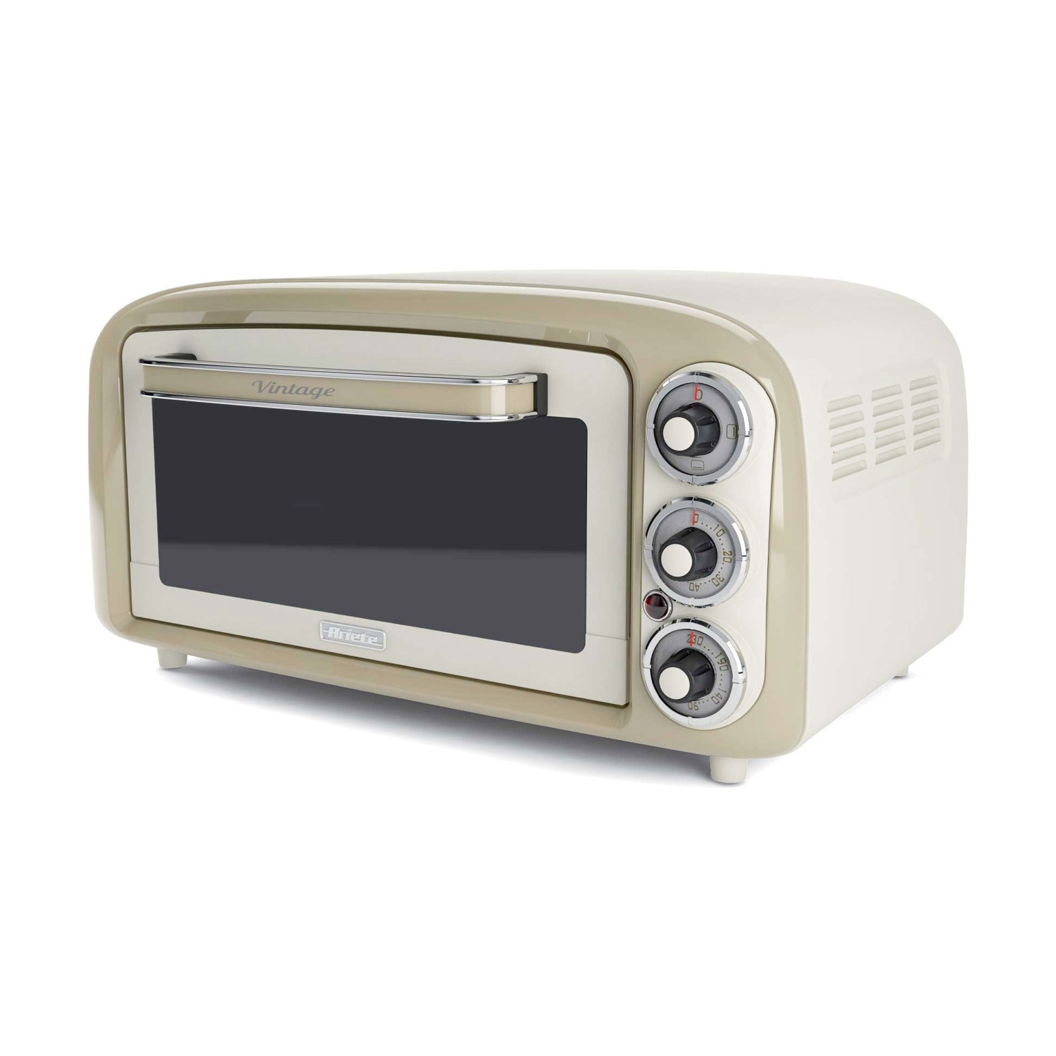 Un forno in stile vintage con colori crema e beige. Ha manopole, una maniglia e una porta in vetro, su sfondo bianco.