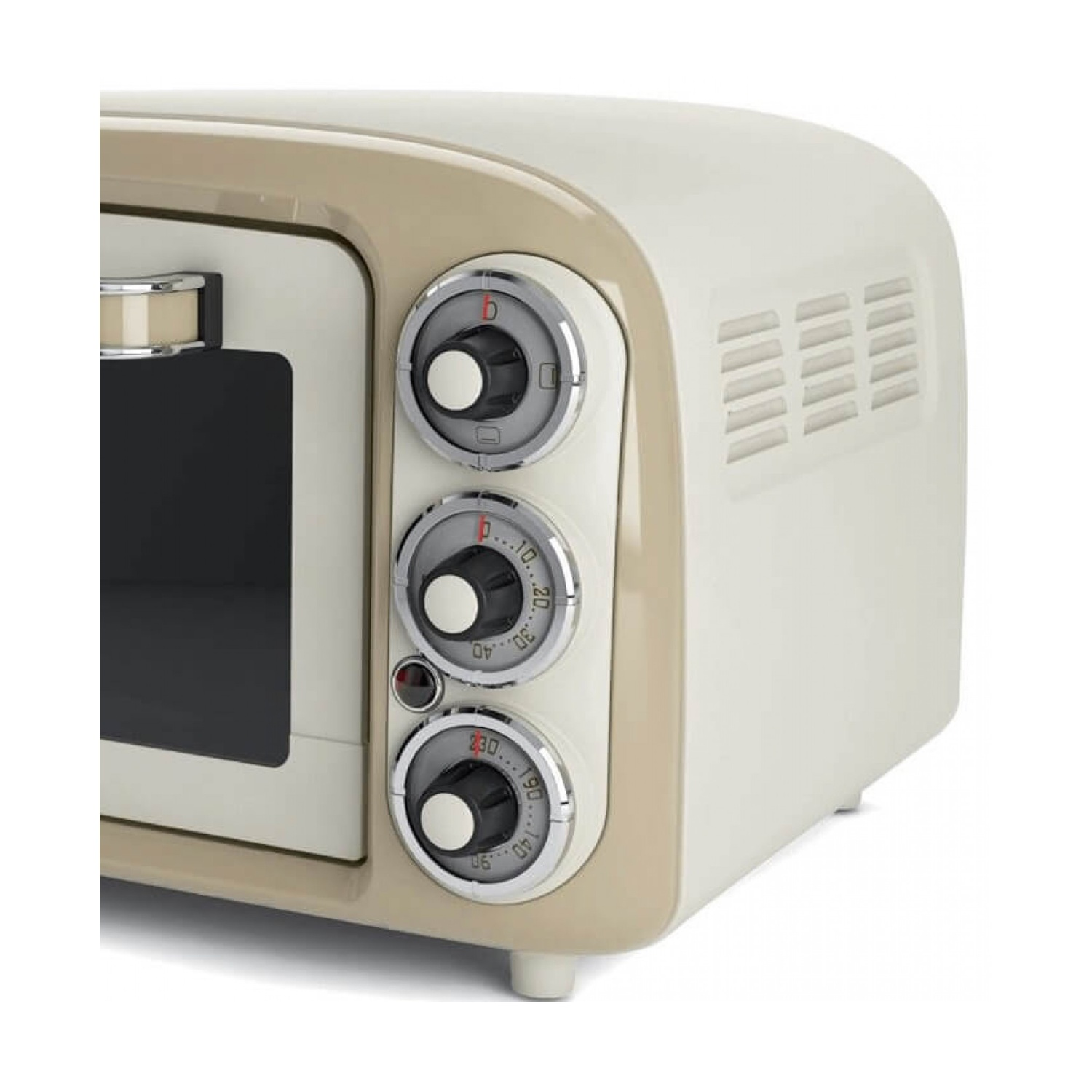 Un forno in stile retrò color crema. Ha tre manopole, una porta in vetro scuro e prese d'aria laterali. Il forno è su una superficie bianca.