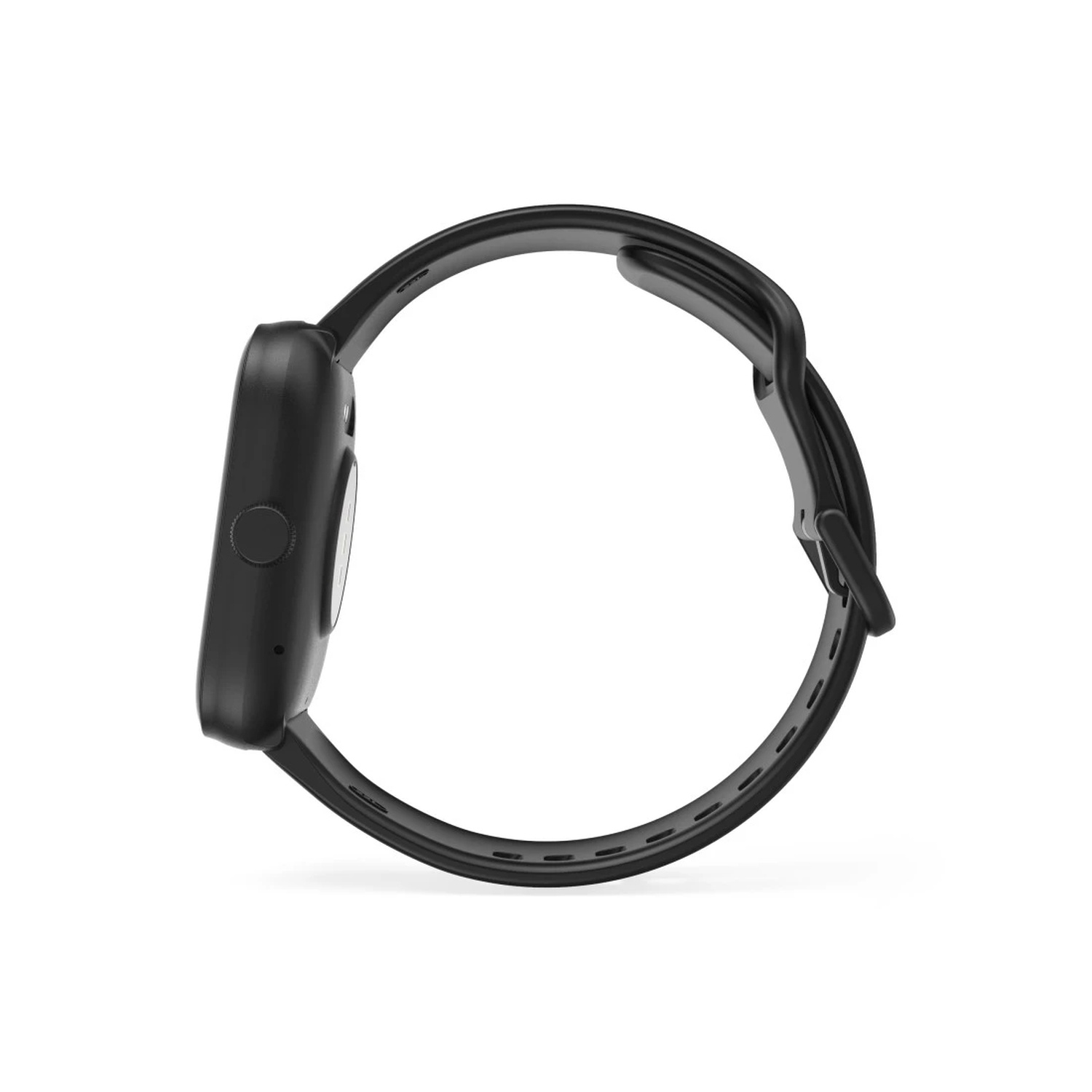 Une montre intelligente noire est montrée de côté. La montre a un cadran carré arrondi et un bracelet noir avec une boucle, sur fond blanc.