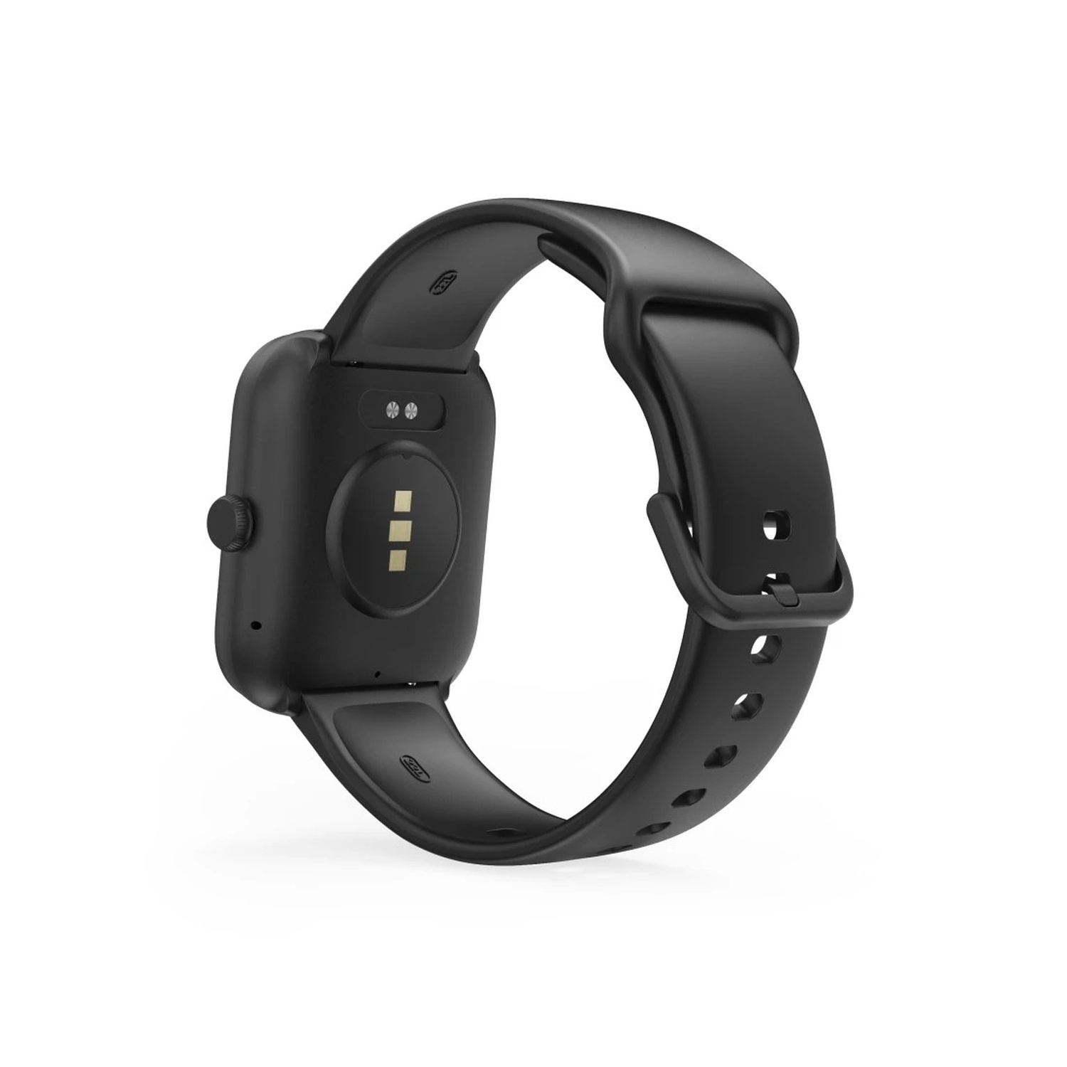 Une montre intelligente noire. Le dos montre des capteurs et des points de charge. Un bracelet noir avec boucle et trous est attaché.