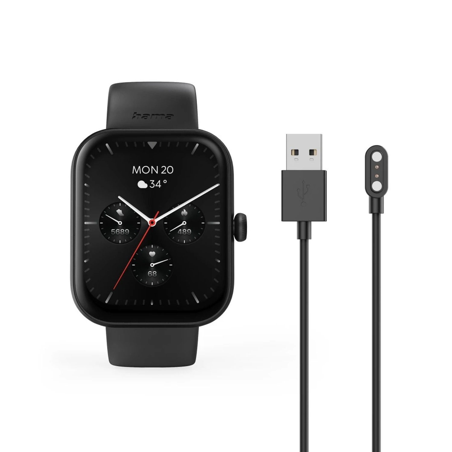 Montre connectée noire avec câble de chargement. La montre affiche la date et la température. Le chargeur USB et le connecteur magnétique sont également présents.
