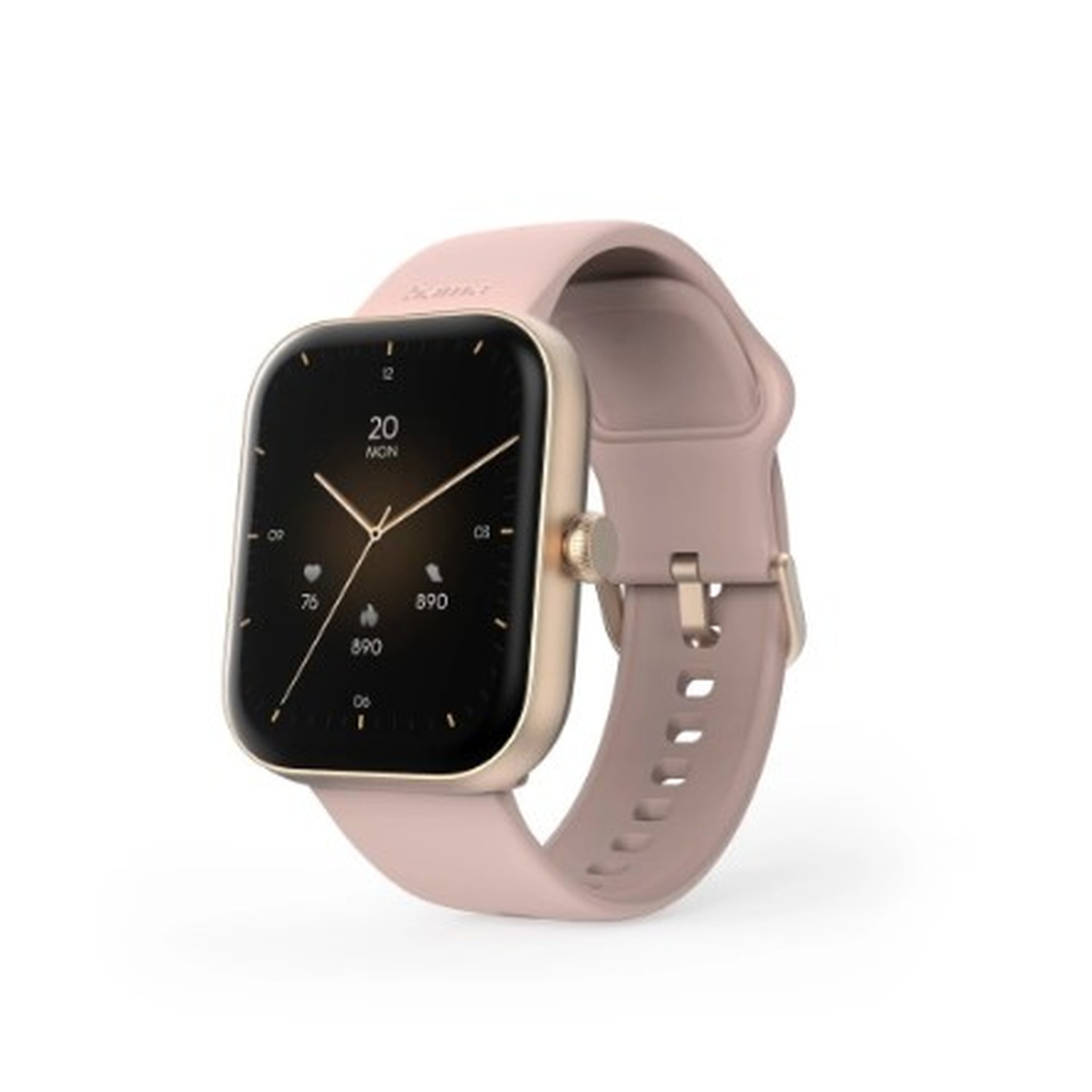 Une smartwatch avec un boîtier or rose et un bracelet rose. Le cadran affiche la date et l'heure. Le fond est blanc.