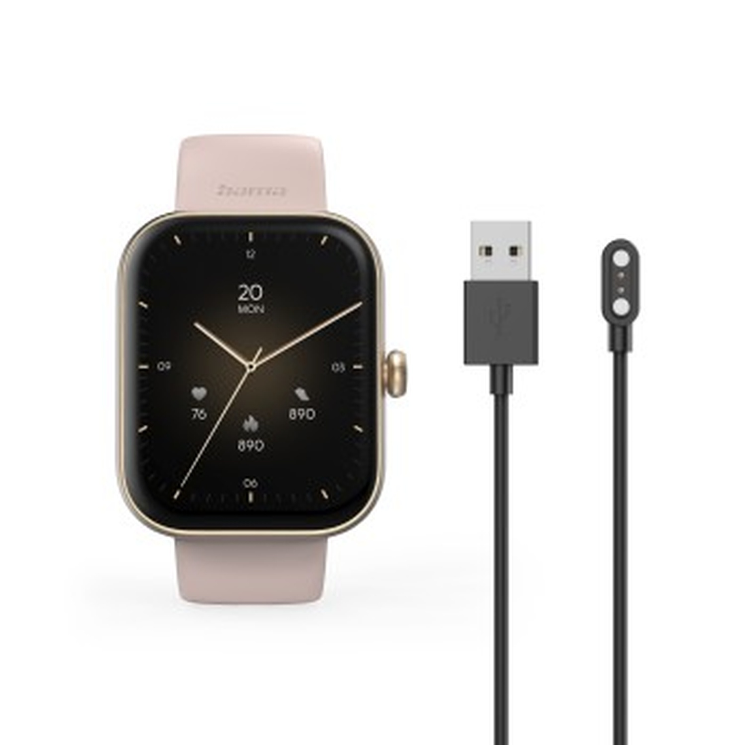 Une montre connectée avec un bracelet rose et un écran noir, ainsi qu'un câble de chargement et une station de chargement magnétique.