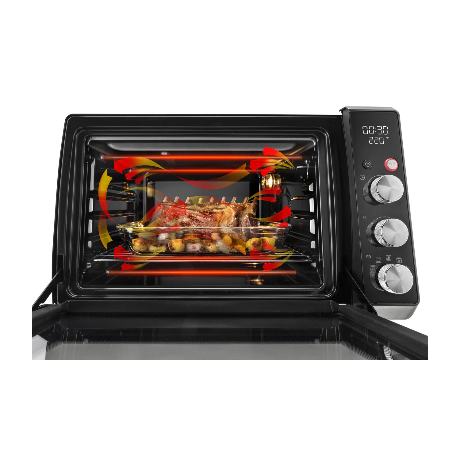 Un forno nero aperto con un arrosto all'interno. Le frecce indicano il flusso d'aria. Il display mostra tempo e temperatura.