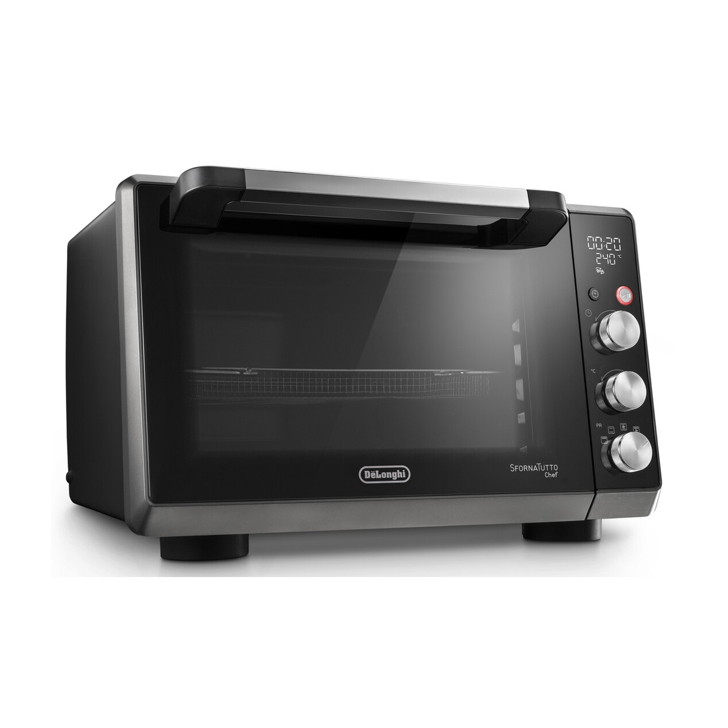 Un forno Delonghi Sfornatutto Chef. Ha una porta in vetro nero, maniglia e manopole argentate. Il display mostra 00:20 e 240°C.