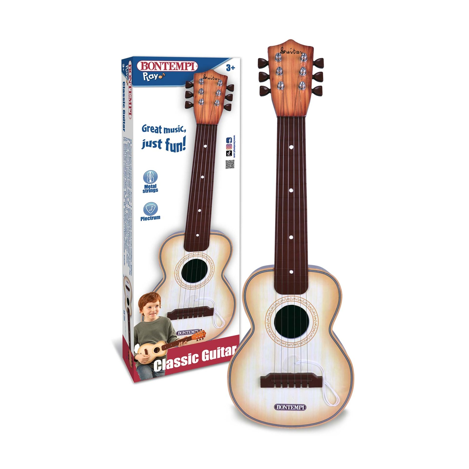 Viene mostrato un giocattolo di chitarra classica Bontempi. La chitarra è di colore legno chiaro con tastiera e paletta marroni. Accanto c'è una scatola con l'immagine della chitarra.
