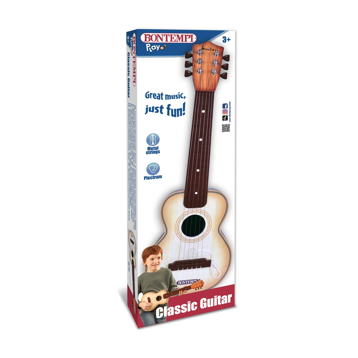 Chitarra giocattolo in scatola. La scatola mostra un bambino che suona una chitarra simile. Il testo sulla scatola dice: 'Grande musica, solo divertimento!'