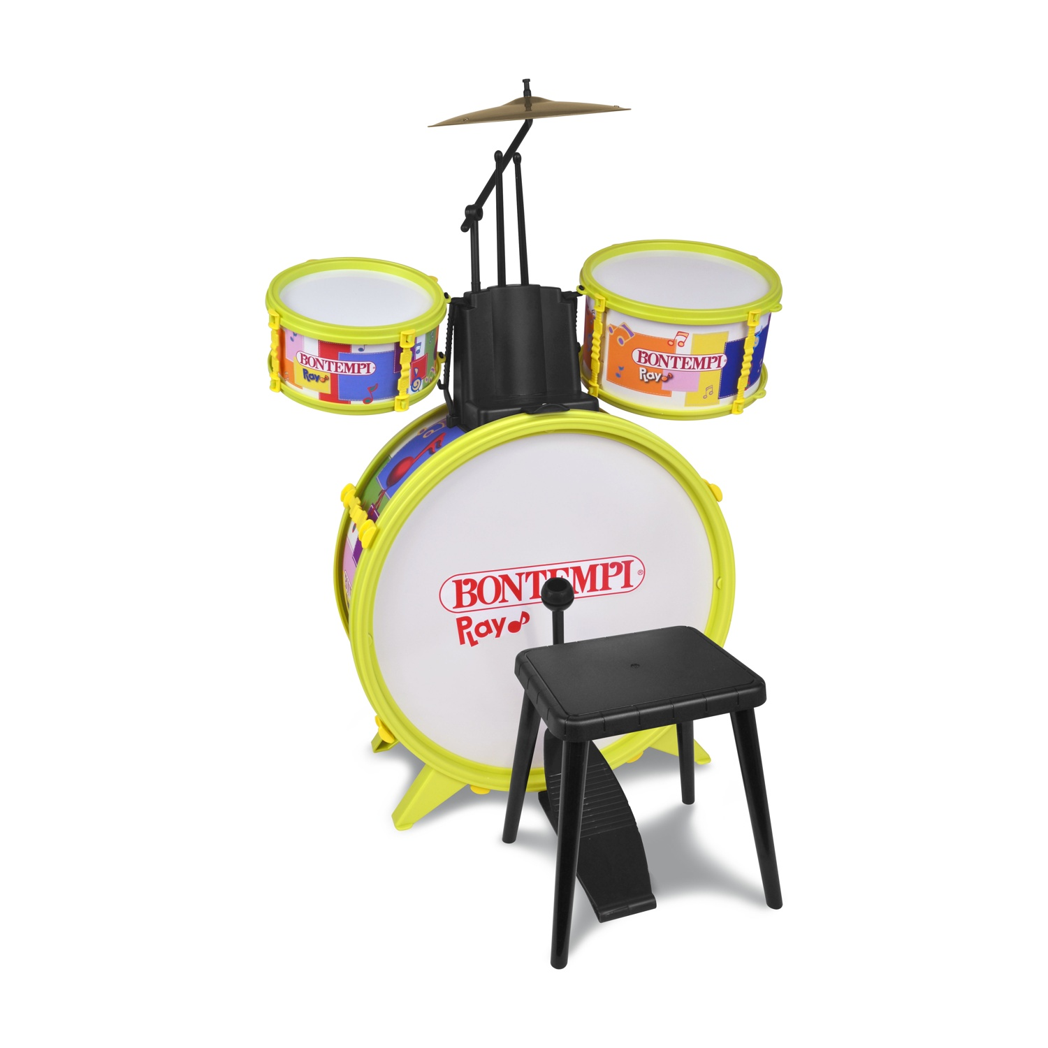 Una batteria per bambini con dettagli gialli, con due piccoli tamburi, un tamburo grande, un piatto e uno sgabello nero, su sfondo bianco.