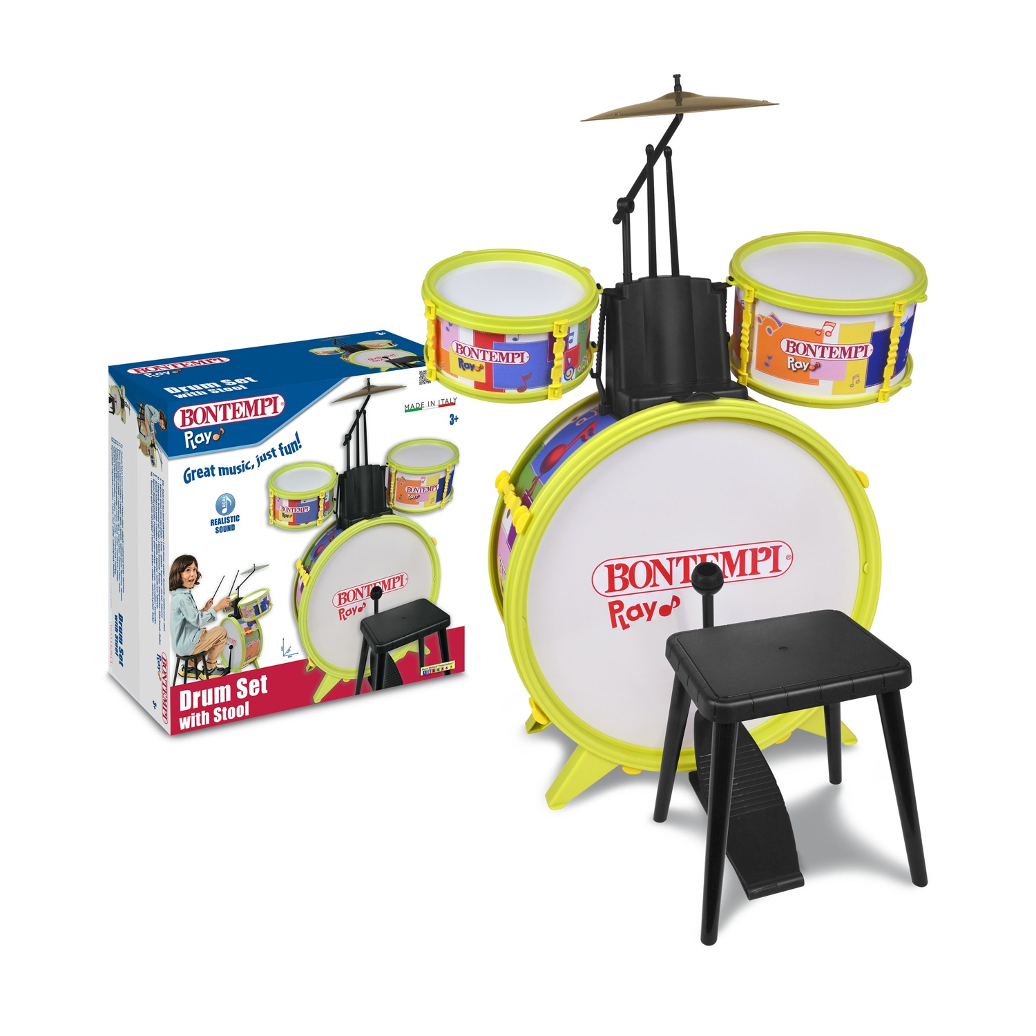 Un set di batteria giocattolo con sgabello è in mostra. Il set include una grancassa, due tom-tom, un piatto e uno sgabello nero.