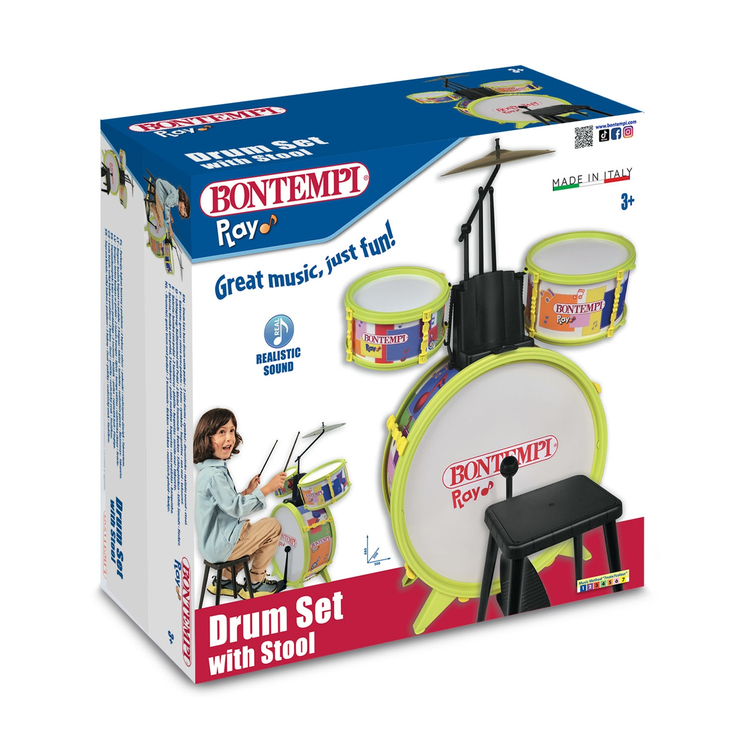 Una batteria Bontempi Ray in scatola. Mostra un bambino che suona la batteria e i componenti del set. Testo: 'Drum Set with Stool'.