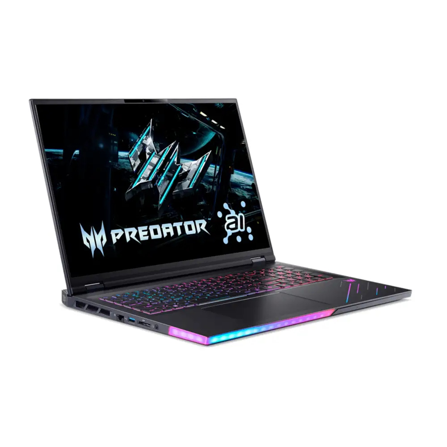 Een zwarte Predator-laptop met een verlicht toetsenbord en scherm met het Predator-logo. De randen hebben gekleurde lampjes. Hij staat op een wit oppervlak.