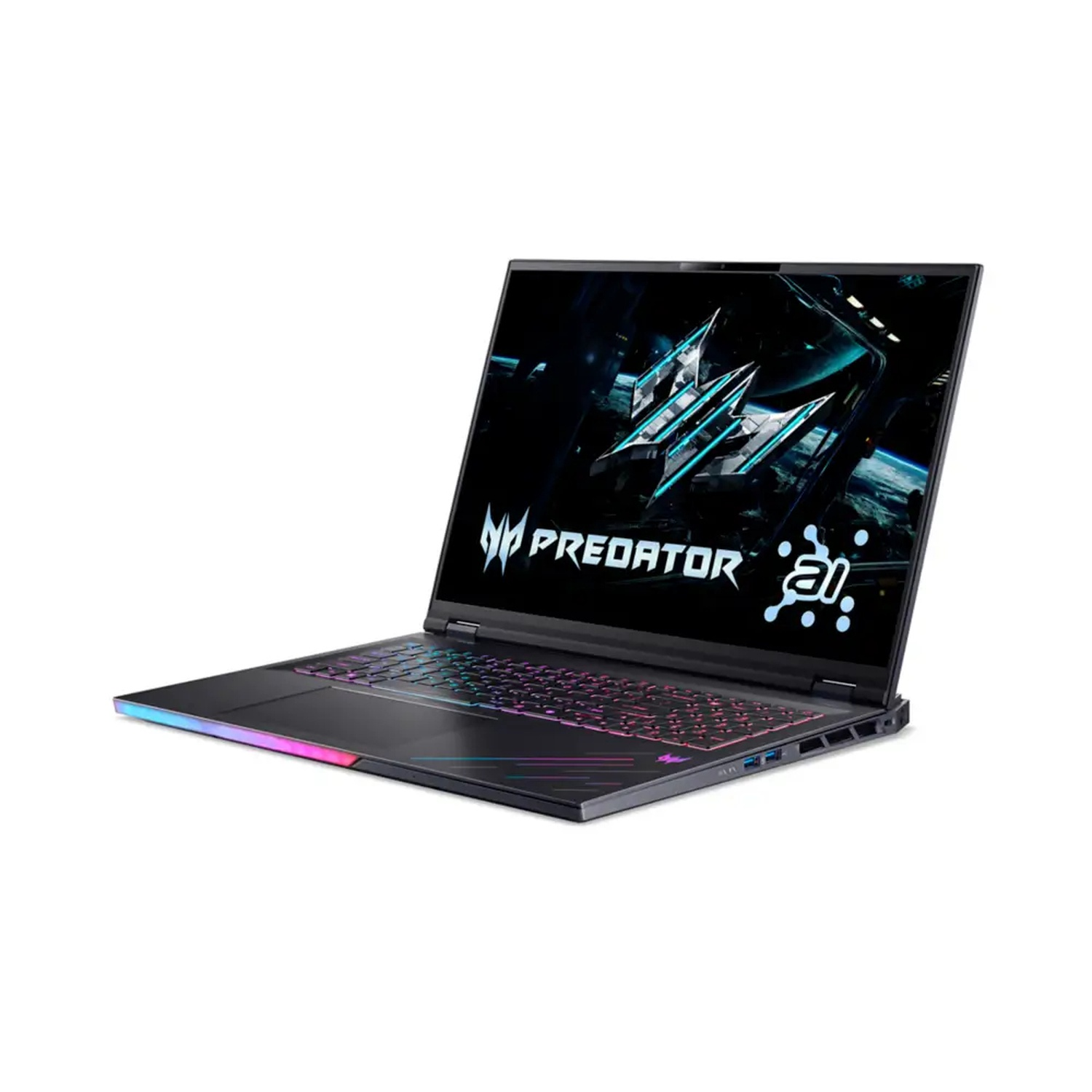 Zwarte Predator laptop op witte achtergrond. Scherm toont logo en tekst, toetsenbord licht op in meerdere kleuren. Open.
