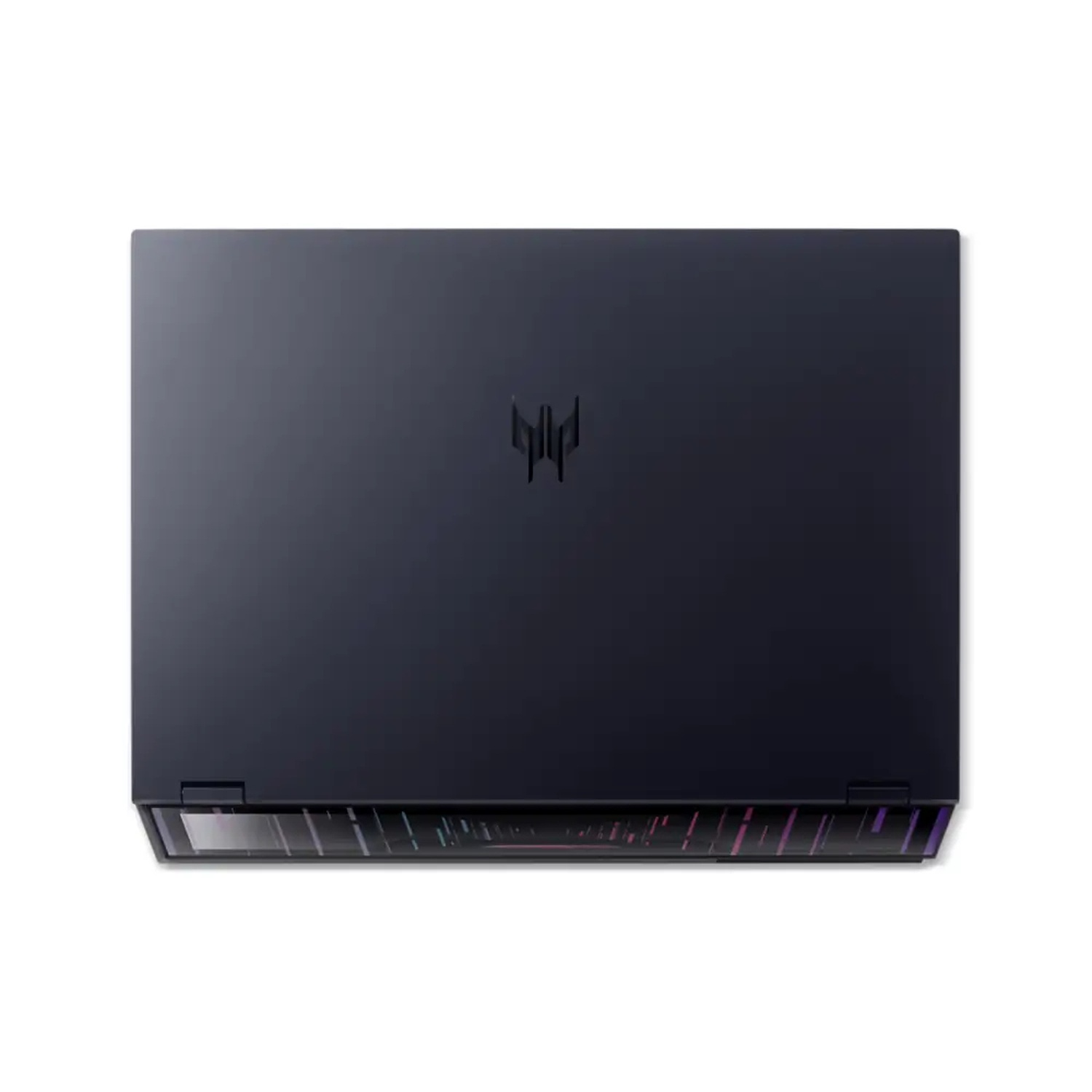 Een gesloten, donkerblauwe laptop is gecentreerd op een witte achtergrond. Het Predator-logo is zichtbaar. De onderkant heeft gekleurde lichten.