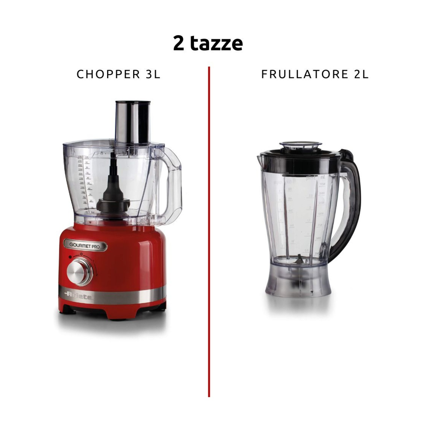 L'immagine mostra un robot da cucina rosso a sinistra e un frullatore nero a destra. Sono su sfondo bianco.