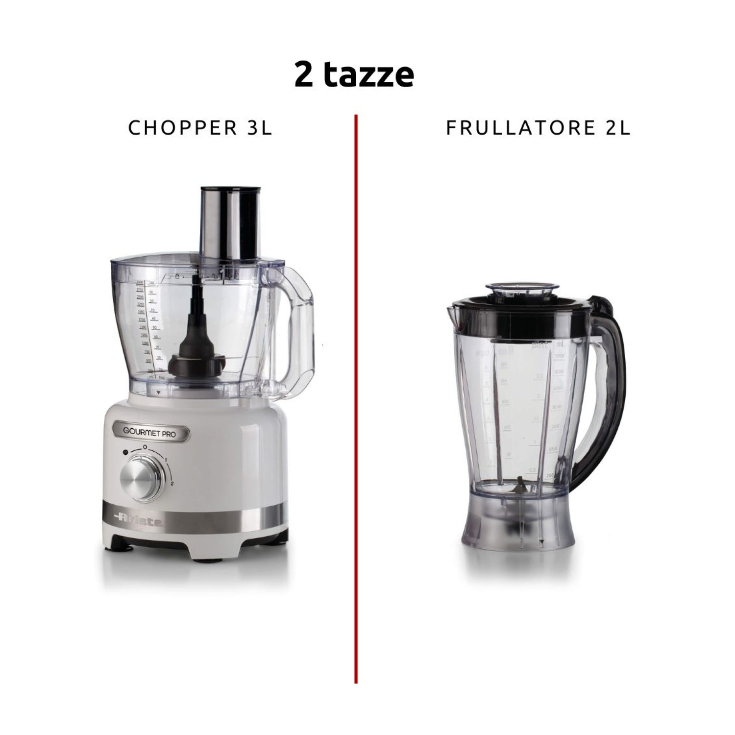L'immagine mostra un robot da cucina e un frullatore. Il robot è bianco, il frullatore è trasparente con manico e coperchio neri.