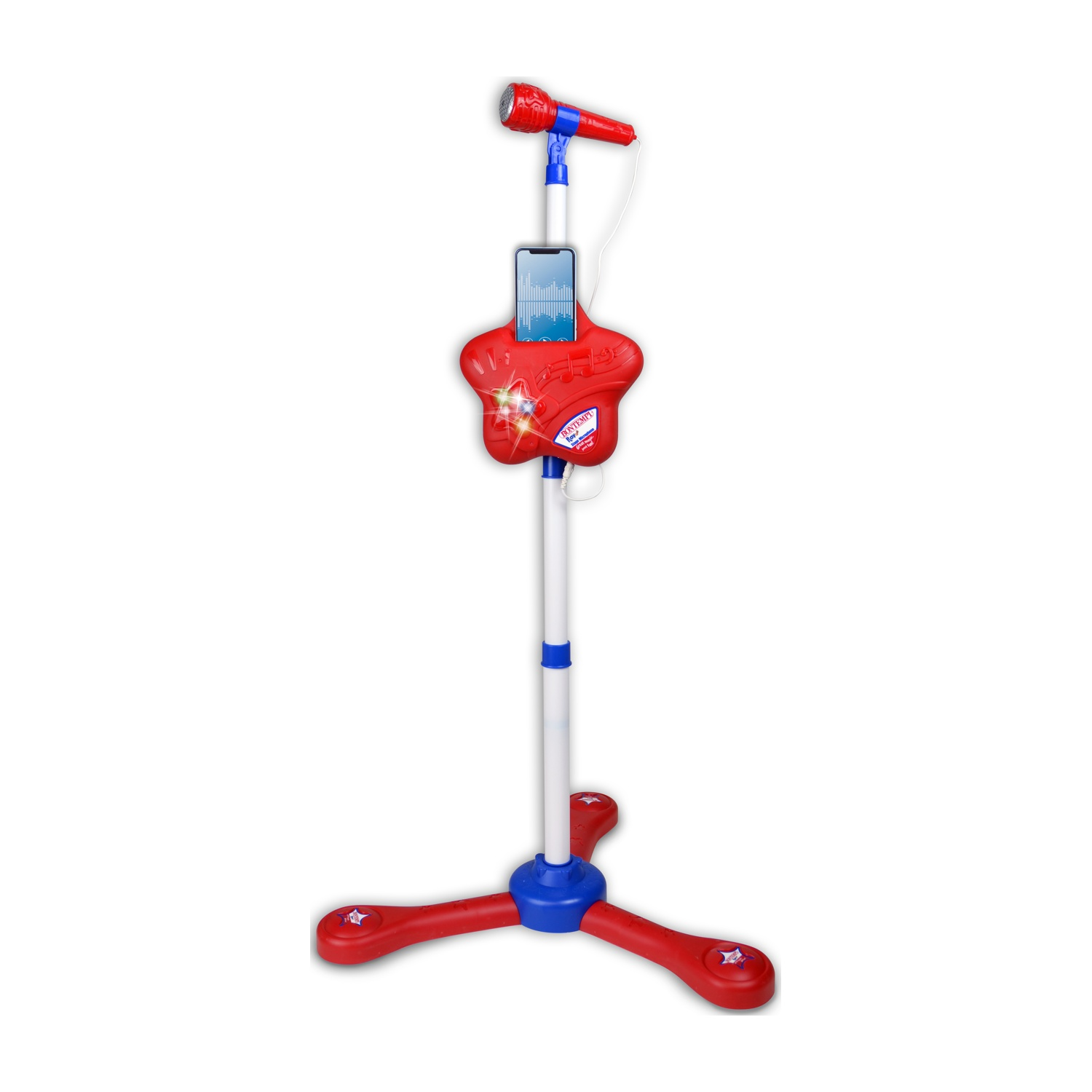 Un supporto per microfono giocattolo rosso e blu con un supporto per smartphone. Il supporto ha una base a forma di stella.