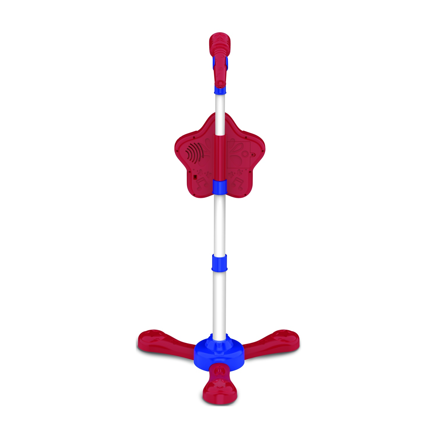 Un supporto per microfono giocattolo rosso, blu e bianco. Ha un altoparlante a forma di stella, un microfono e una base a treppiede.