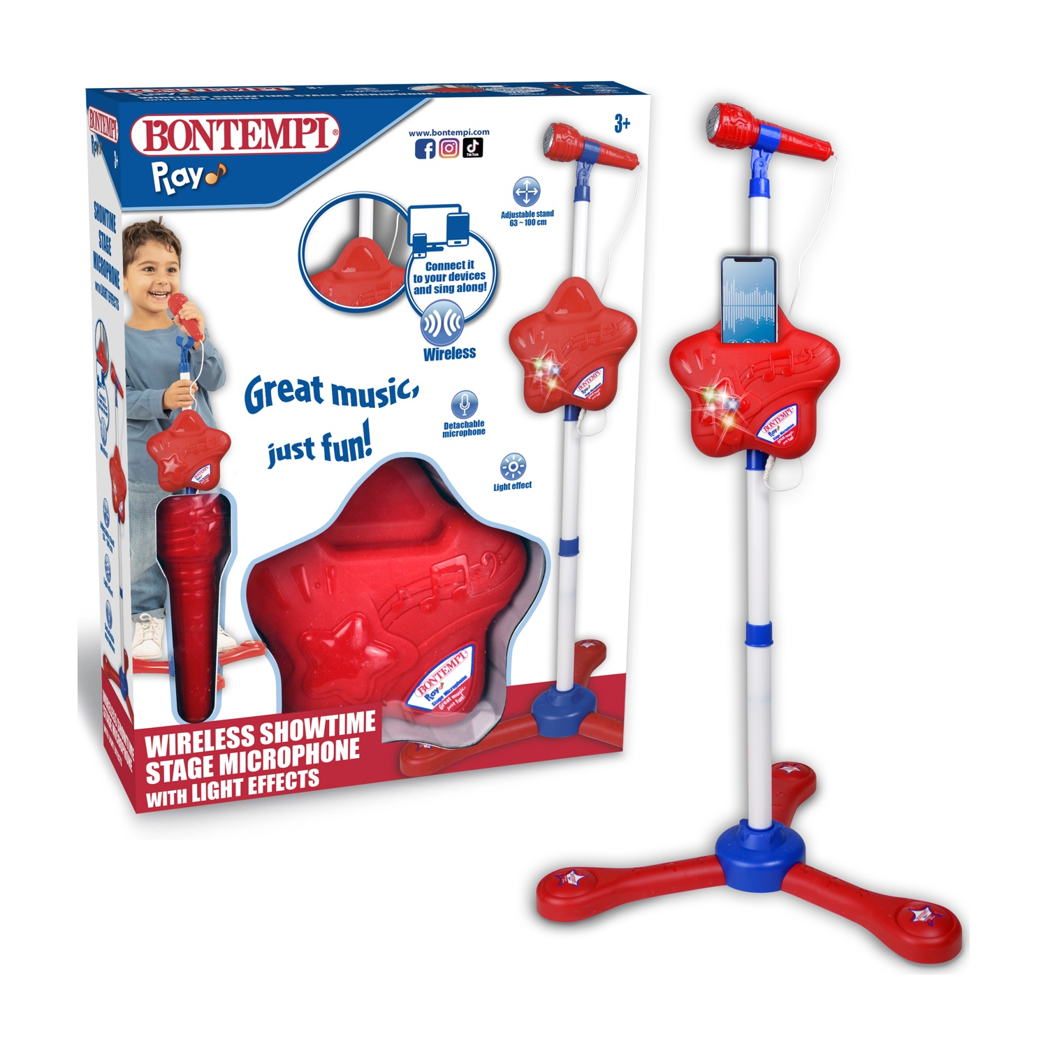 Un giocattolo con supporto per microfono Bontempi rosso e bianco con supporto a forma di stella e microfono. Include la scatola con un bambino.