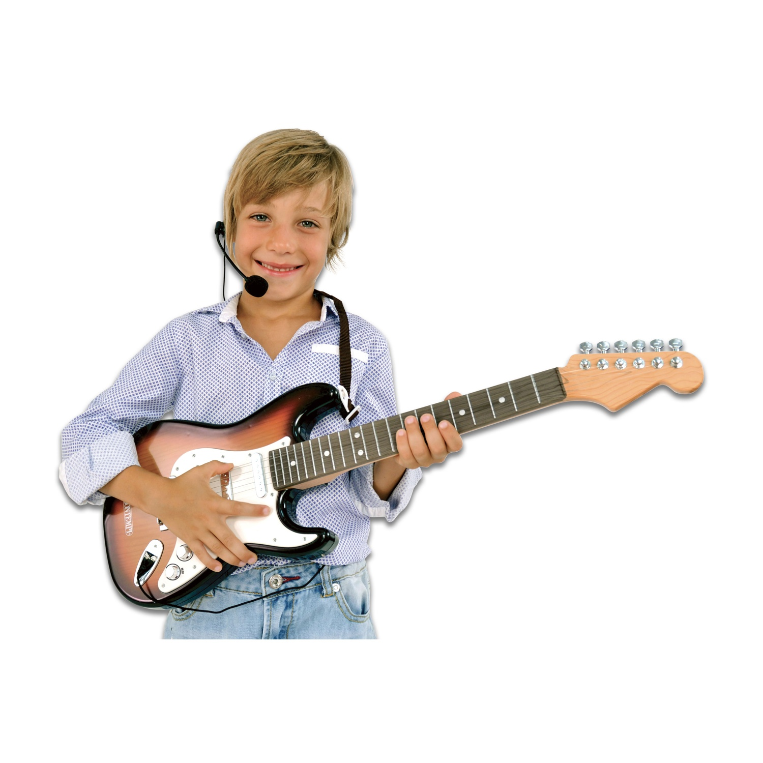 Un ragazzo sorridente con una chitarra, con un microfono con auricolare e una camicia azzurra. La chitarra è marrone e bianca.