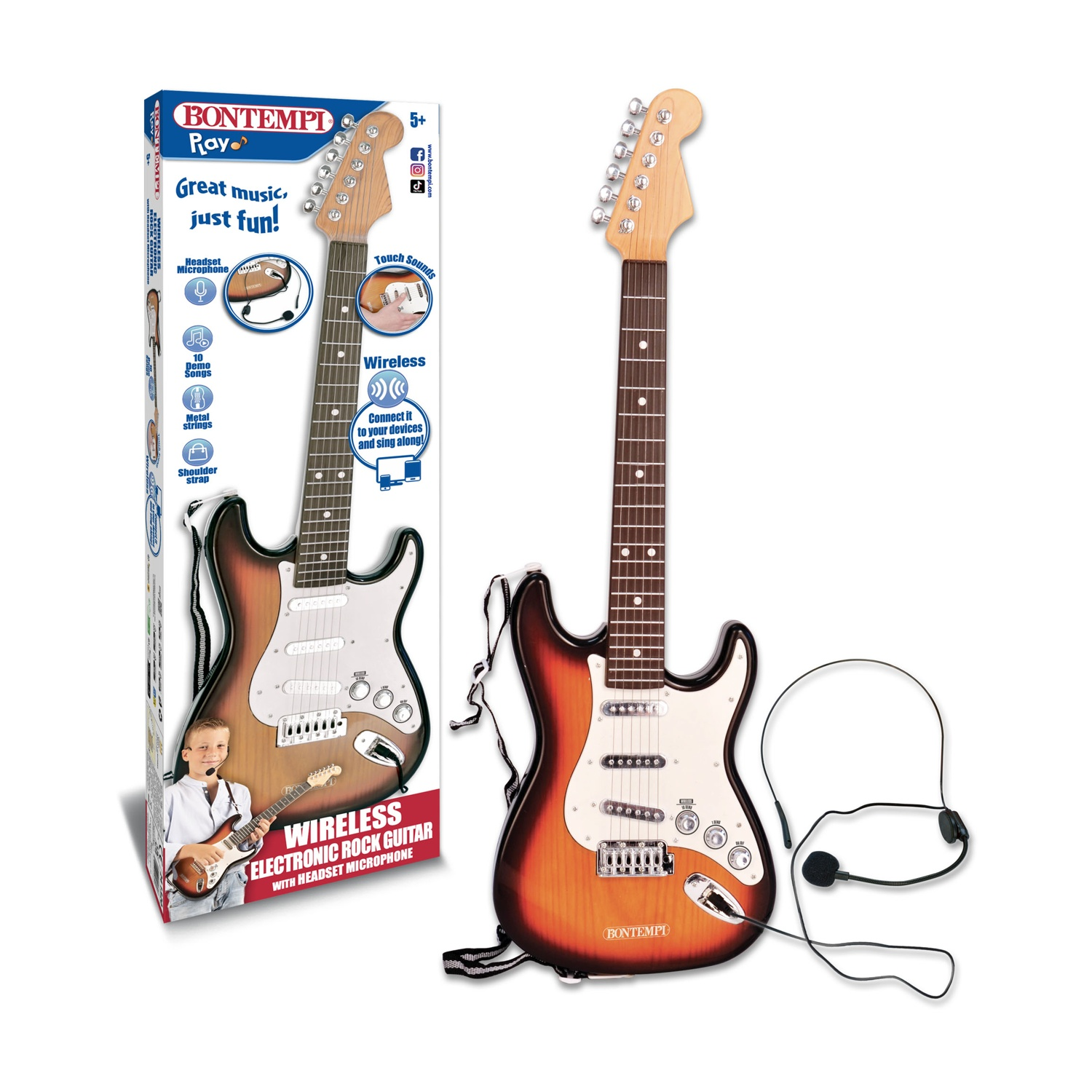 Una chitarra elettrica giocattolo con microfono con auricolare, una scatola con la stessa immagine della chitarra e testo. La chitarra è marrone, bianca e nera.