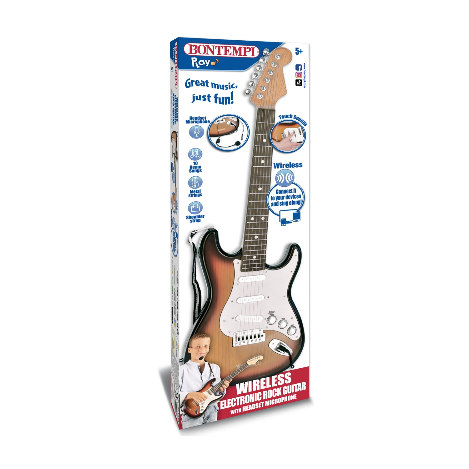 È mostrata una scatola con una chitarra giocattolo. Un bambino con un microfono suona la chitarra. La scatola ha un testo che descrive il prodotto.
