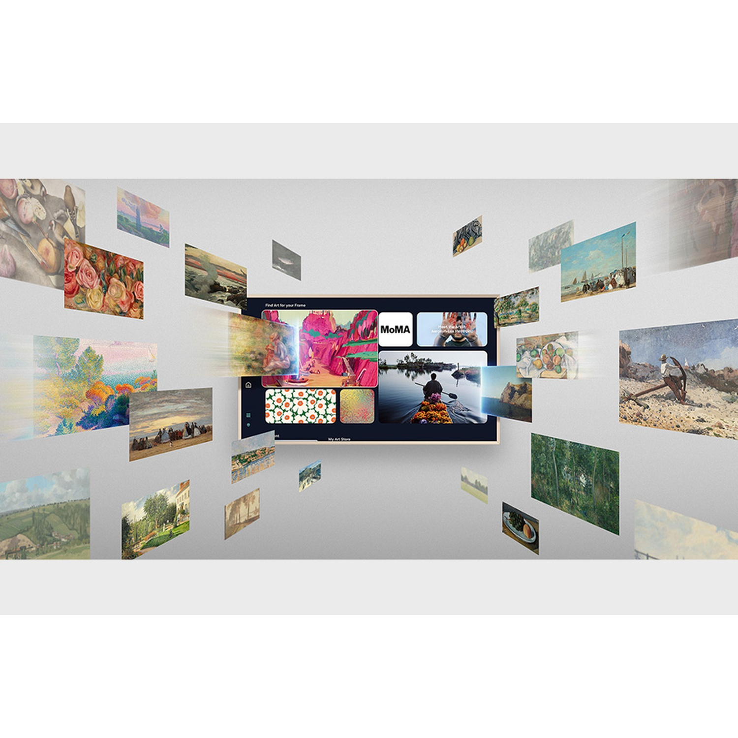 A display surrounded by floating art images. The display shows the MoMA logo, and a person in a boat. Variety of art.