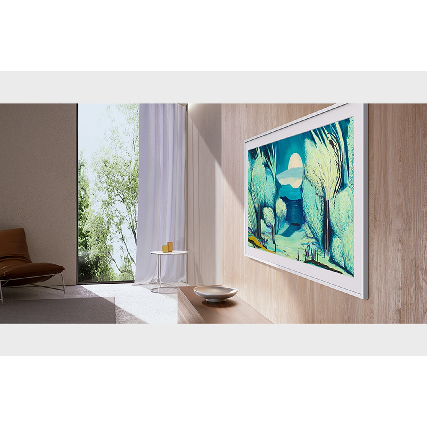 A framed painting of a forest scene hangs on a wooden wall. A chair, table, window, and bowl are visible.