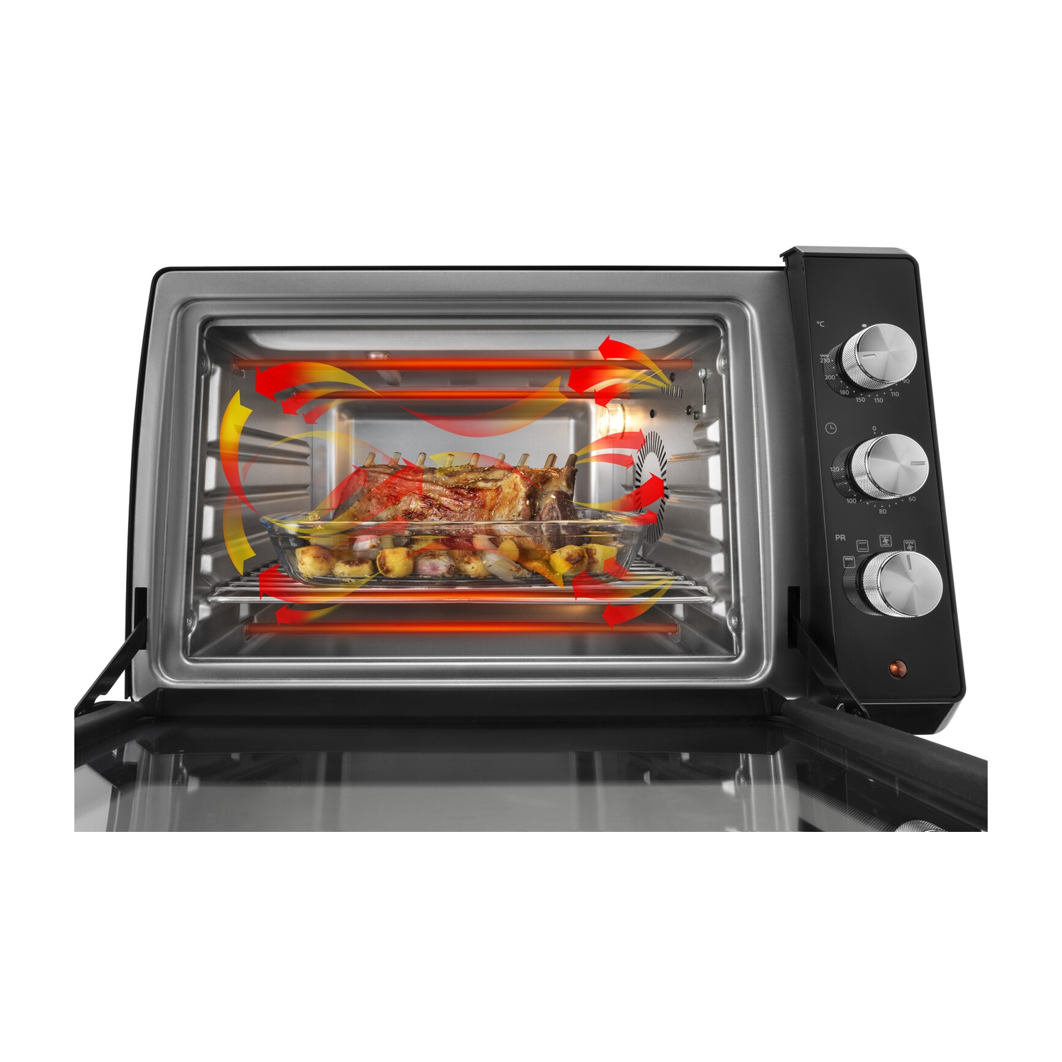 Un forno aperto con carne arrosto e verdure in una pirofila di vetro. Le frecce mostrano la circolazione dell'aria calda. Il forno è nero con manopole argentate.