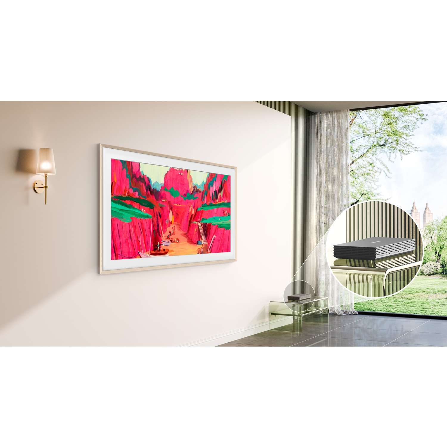 An abstract artwork on a wall. In the background, a window shows a green outside view. A device is placed on a small glass table.