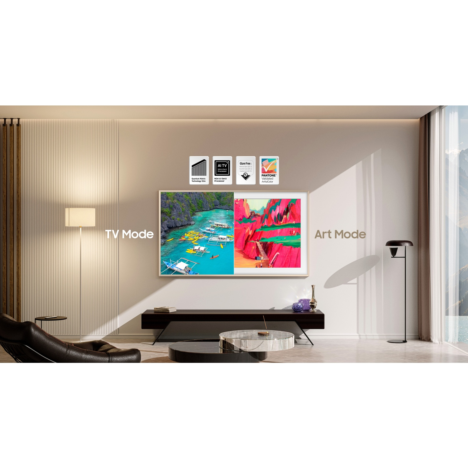 A TV shows two images: a seascape and abstract art. The room has a lamp, a dark bench, and a black chair. The wall is beige.