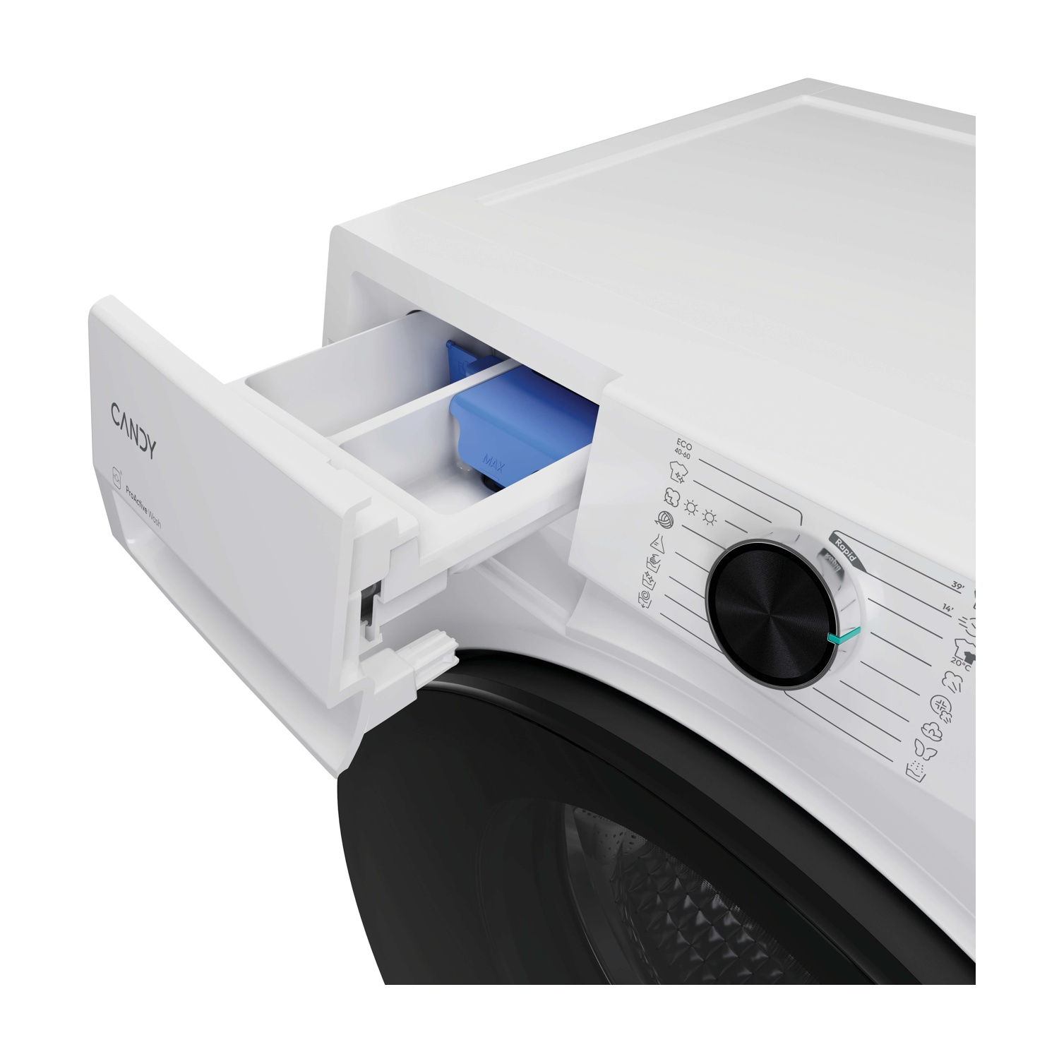 Una lavatrice bianca con cassetto detersivo parzialmente aperto. Scomparti blu visibili. A destra un quadrante nero e un pannello di controllo.