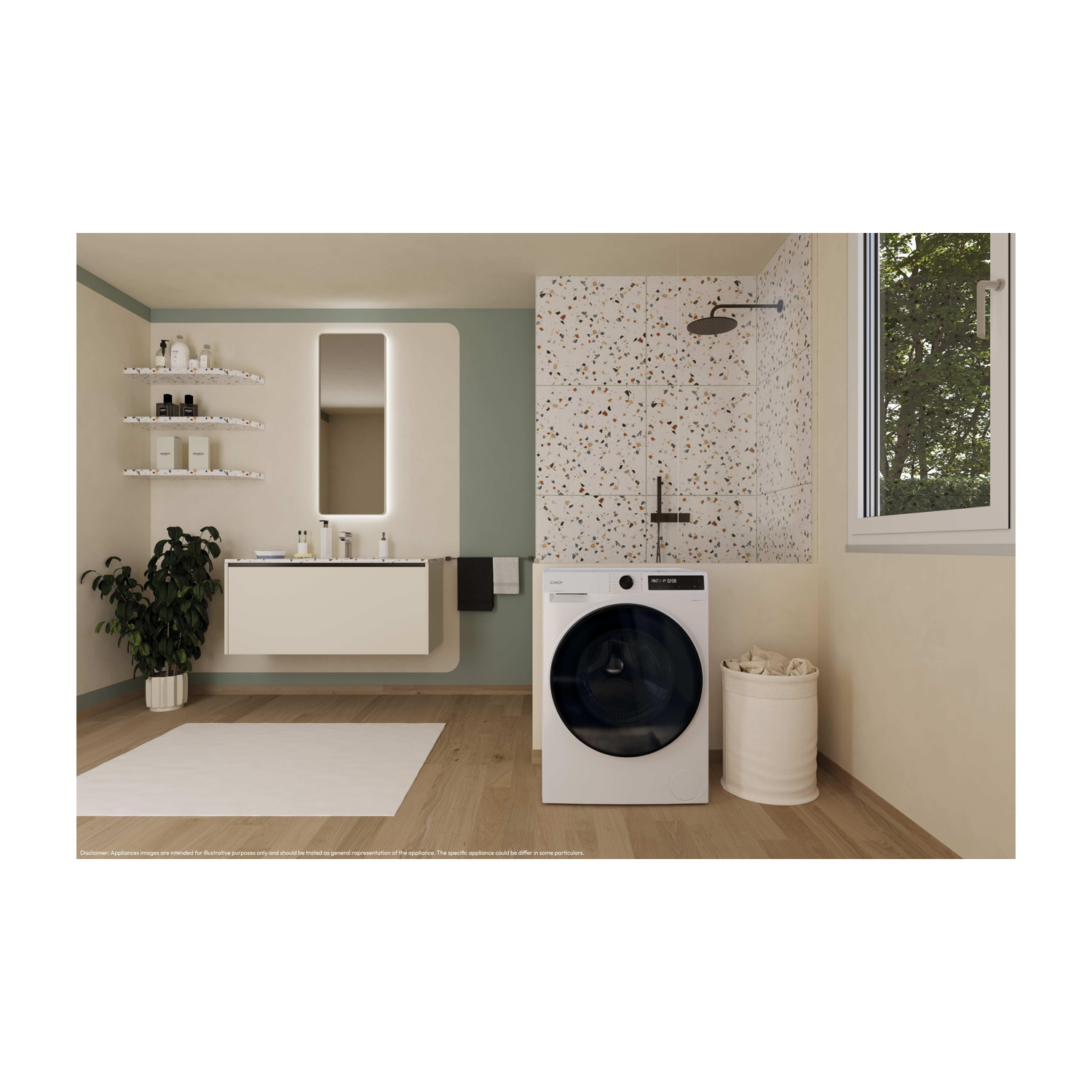 Bagno moderno con lavatrice, specchio, doccia e finestra. Colori neutri e pavimento in legno. È presente anche una pianta.