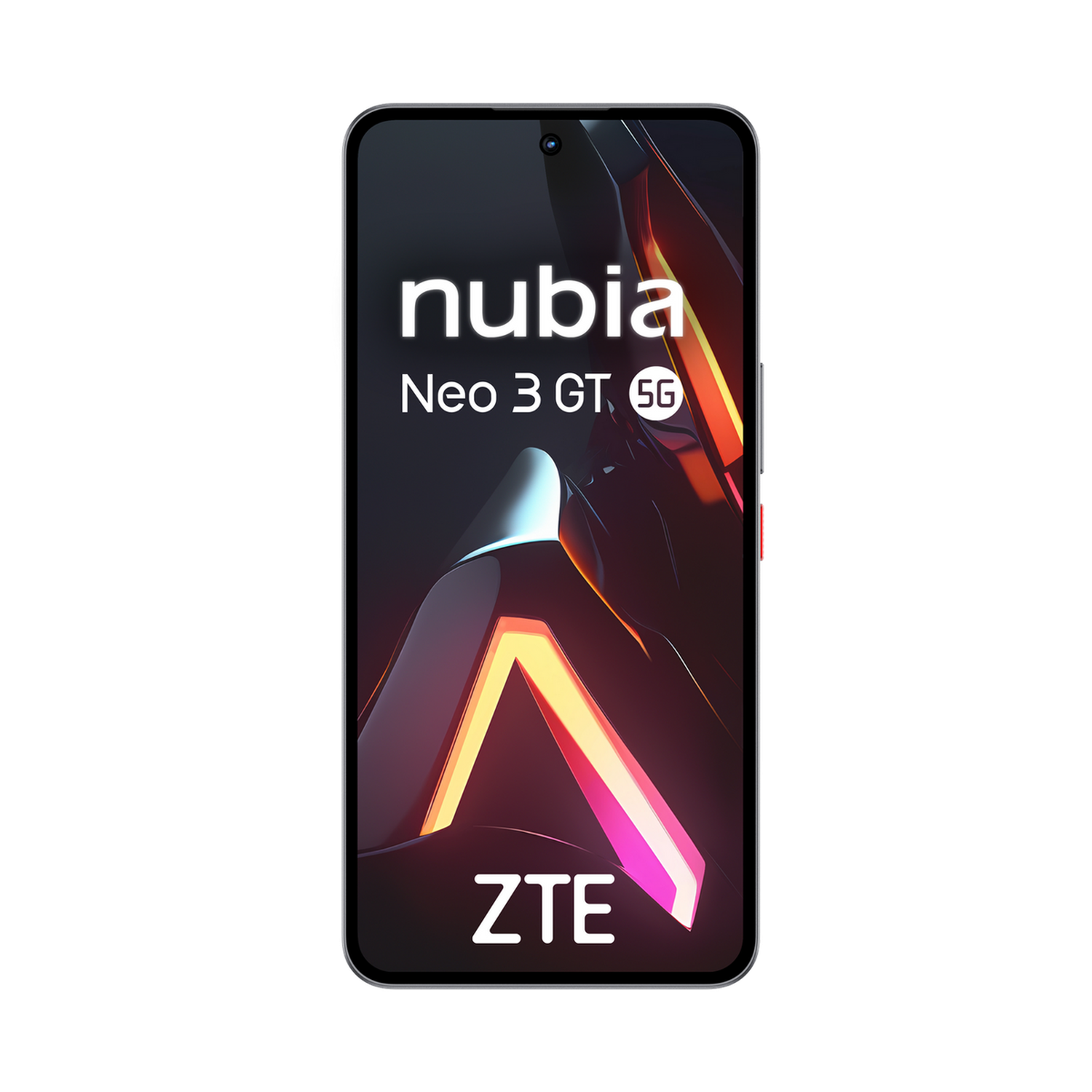 Een smartphone met het nubia Neo 3 GT 5G logo op het scherm tegen een zwarte achtergrond. De telefoon heeft een zilveren frame.
