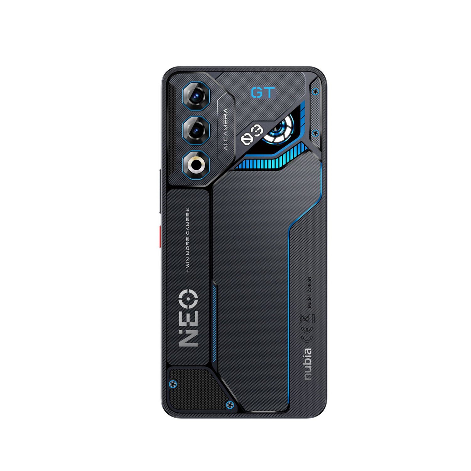 Zwarte smartphone achterkant met drievoudige camera, het woord 'NEO' en 'GT'. Het ontwerp heeft blauwe accenten.