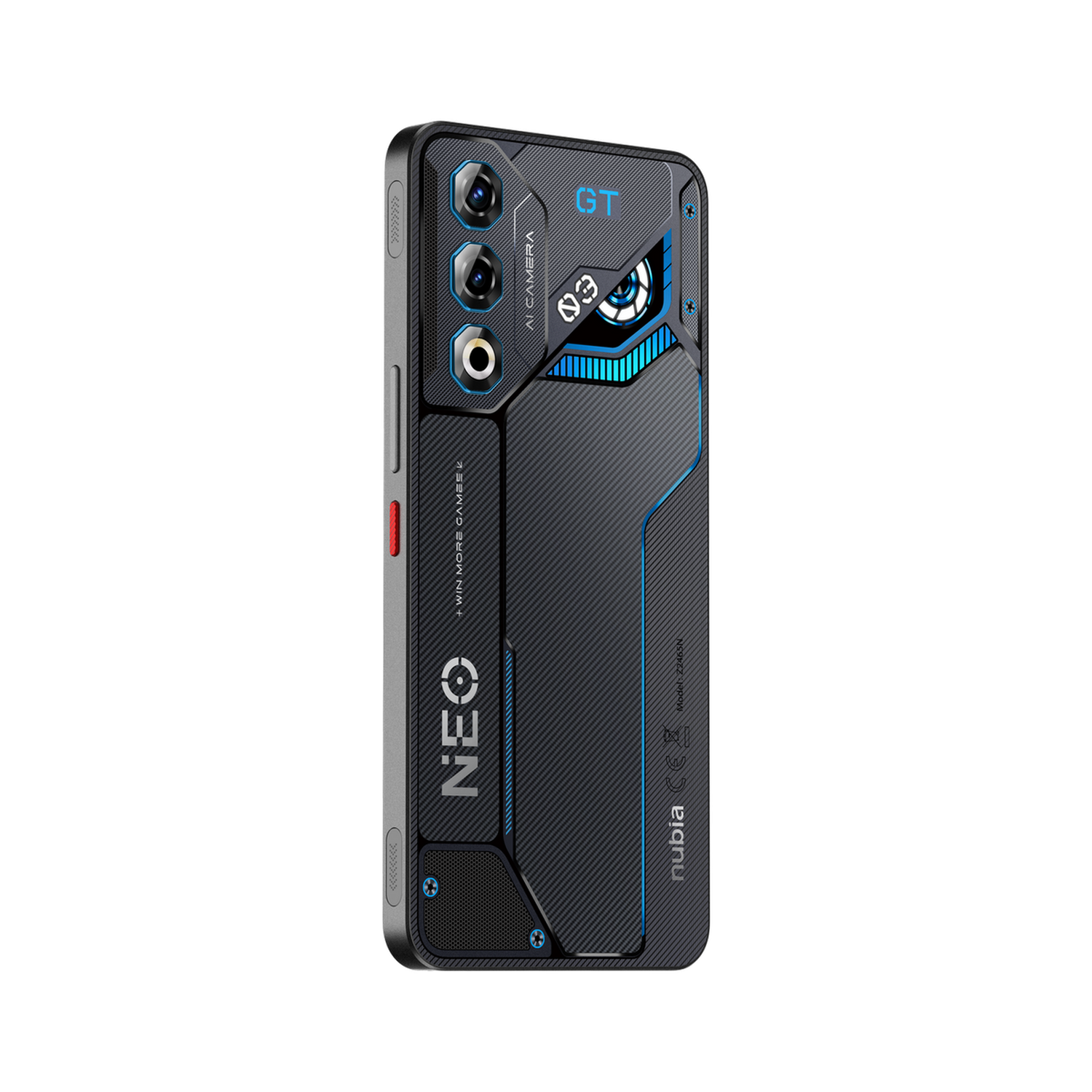 Een zwarte smartphone achterkant met een GT-ontwerp. Het heeft meerdere camera's, het woord NEO en blauwe accenten. De achtergrond is zwart.
