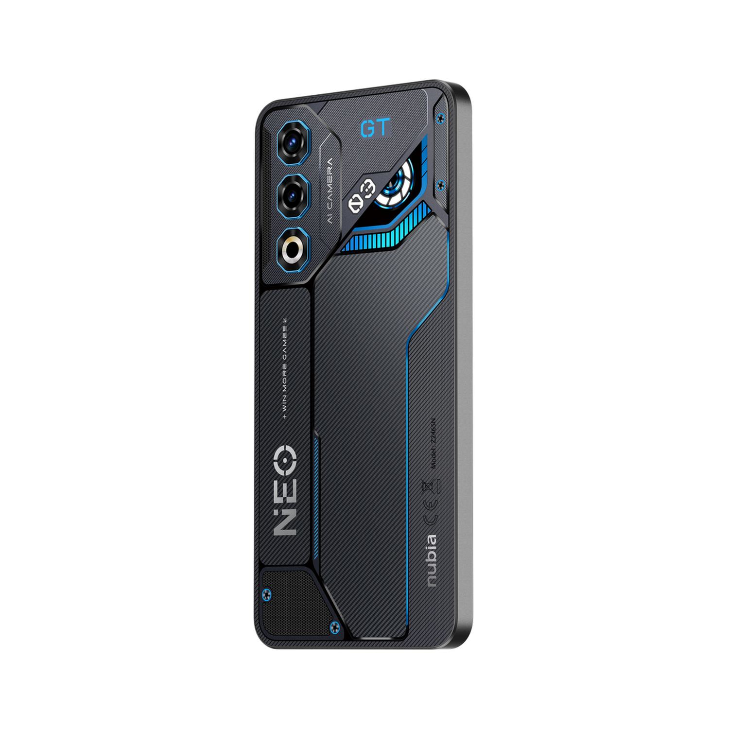 Een zwarte smartphone met blauwe accenten. Het heeft drie camera's en een design met de woorden 'GT' en 'NEO'. De achtergrond is zwart.