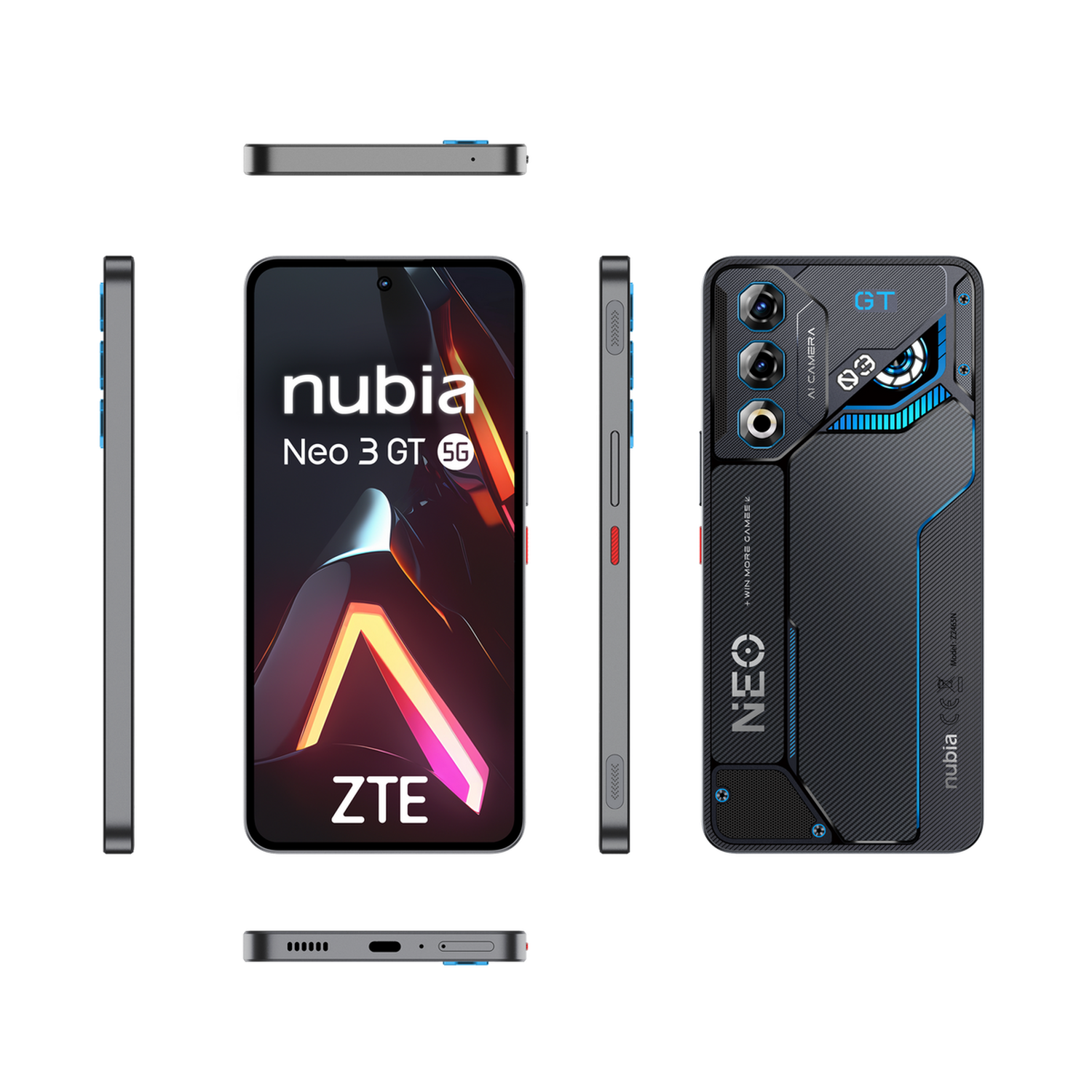 Een Nubia Neo 3 GT 5G-telefoon wordt weergegeven. De telefoon is zwart met blauwe accenten en bevat meerdere weergaven van het apparaat.