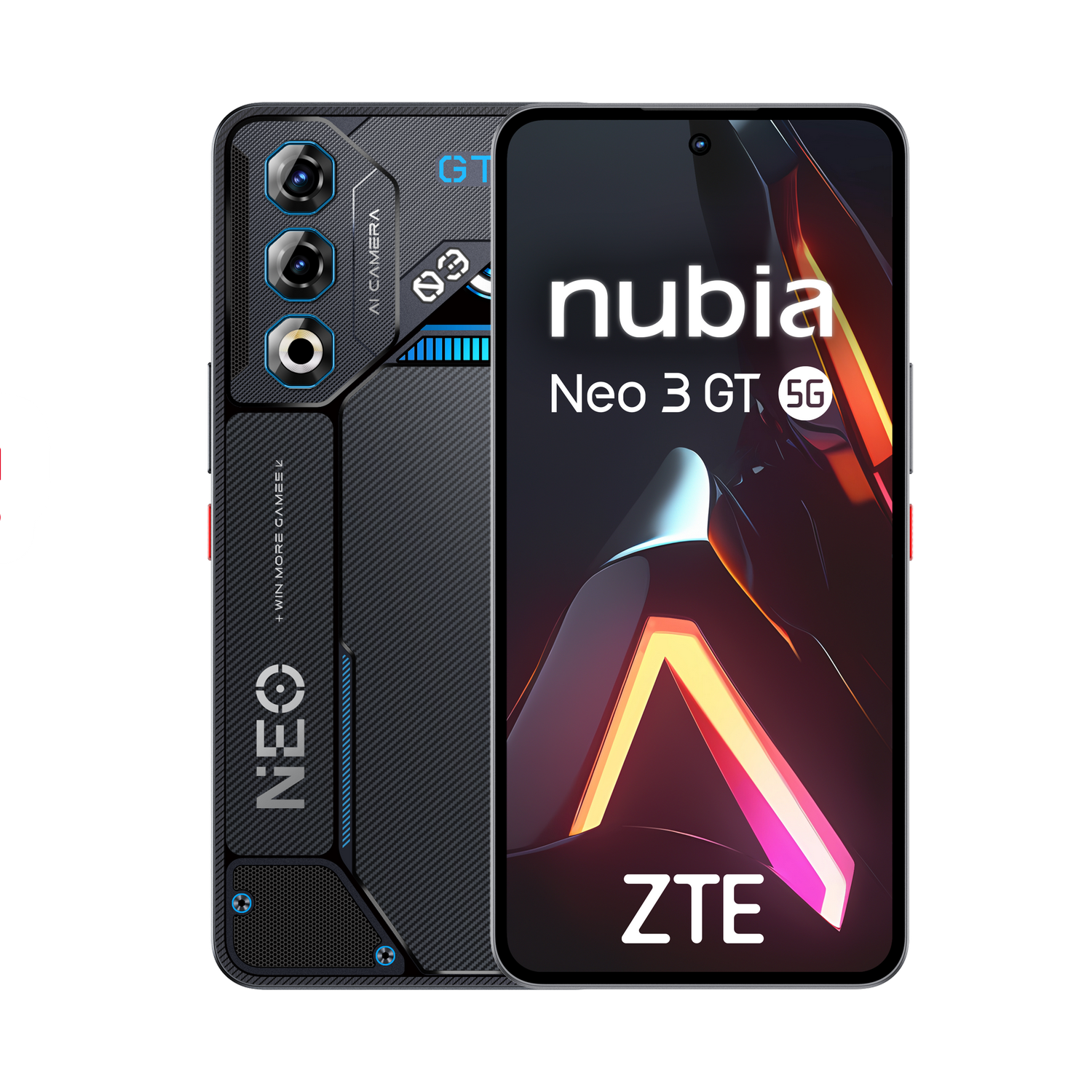 Een smartphone met een zwarte behuizing, met meerdere camera's. Het scherm toont 'nubia Neo 3 GT 5G' en het ZTE-logo. De achtergrond is grijs.