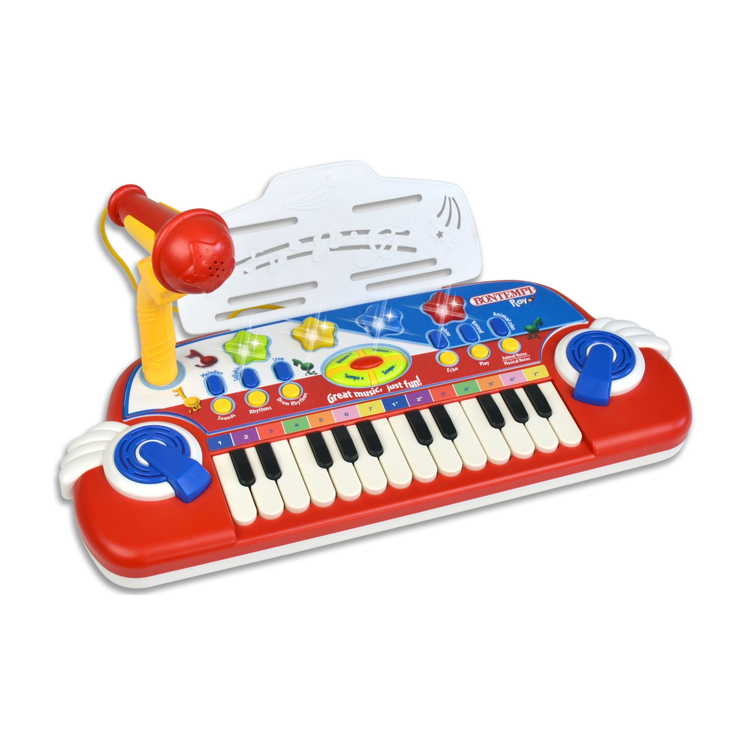 Un pianoforte giocattolo rosso con microfono. Ha tasti bianchi e neri e pulsanti per varie funzioni. Lo sfondo è bianco.