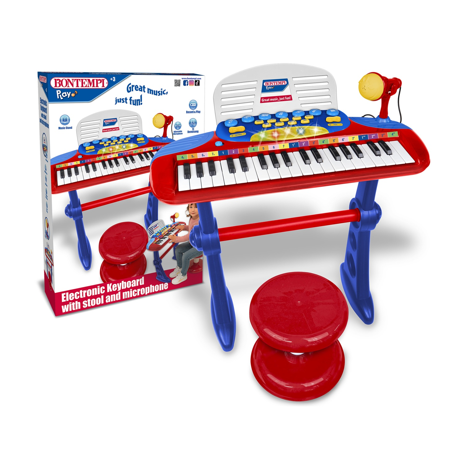 Un set di tastiera elettronica per bambini con tastiera rossa, supporto blu, sgabello e microfono. Una scatola a sinistra.