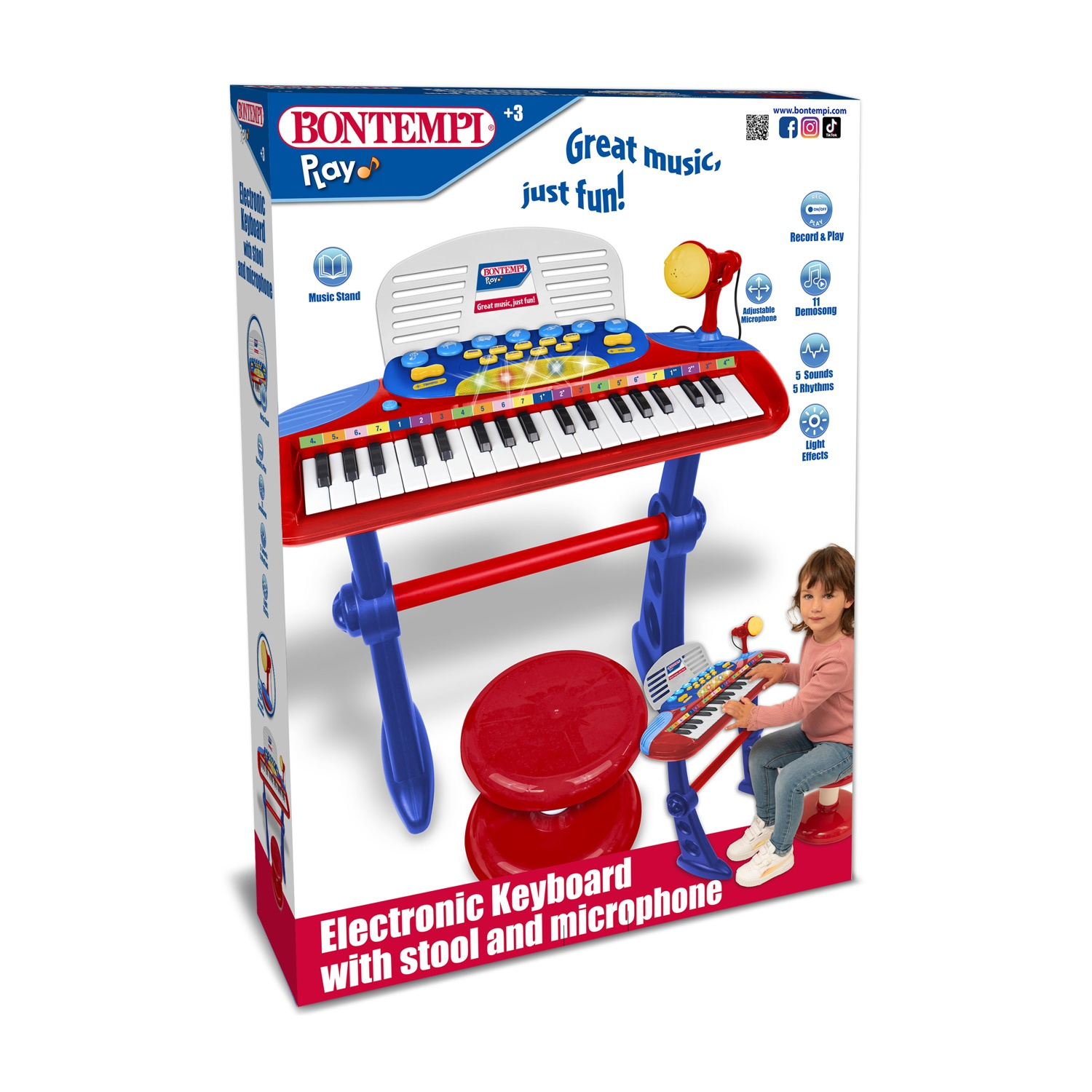 Un giocattolo per tastiera per bambini con sgabello e microfono è mostrato. Sulla scatola c'è scritto 'Electronic Keyboard with stool and microphone'.