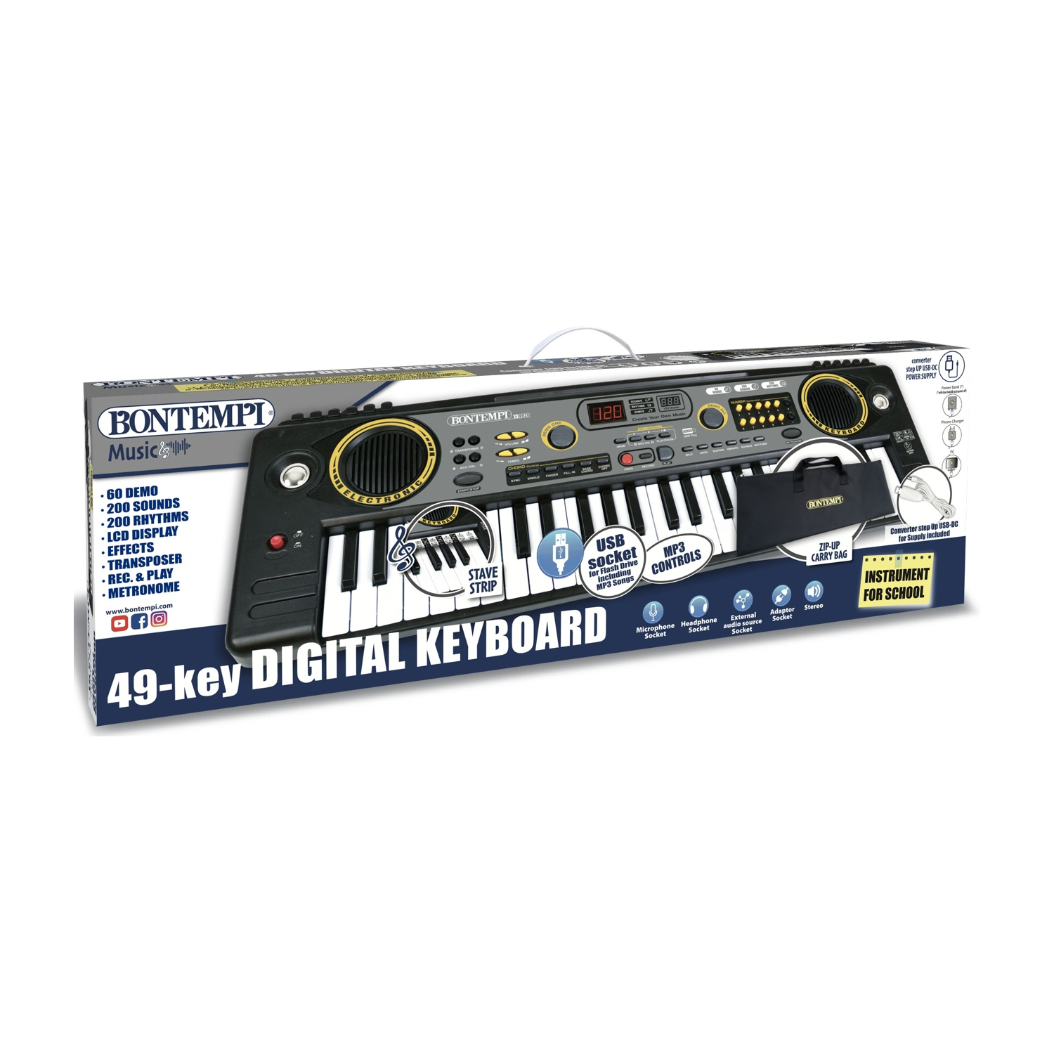 Una tastiera digitale Bontempi nella sua scatola. Include 49 tasti, display LCD e varie opzioni di suono e ritmo. Strumento per la scuola.